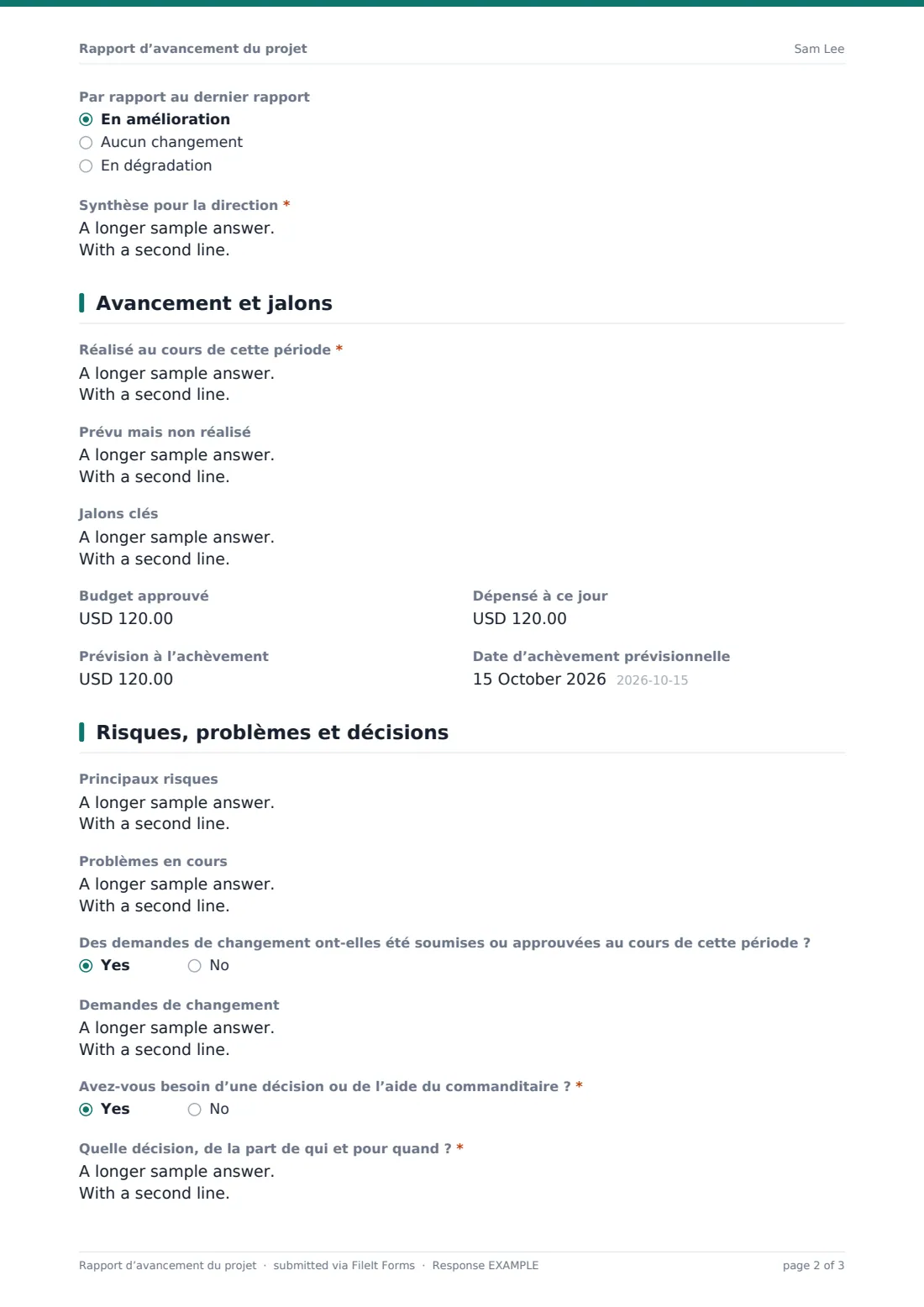 Rapport d’avancement du projet — exemple de réponse au format PDF, page 2 sur 3