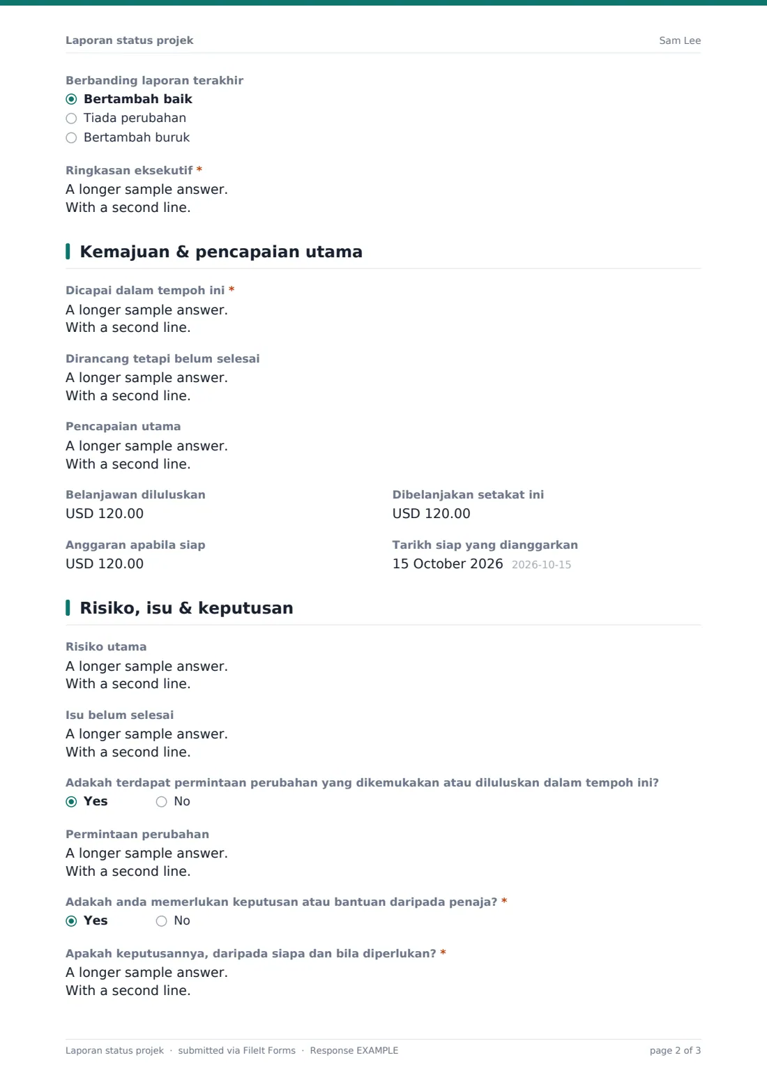 Laporan status projek — PDF respons contoh, halaman 2 daripada 3