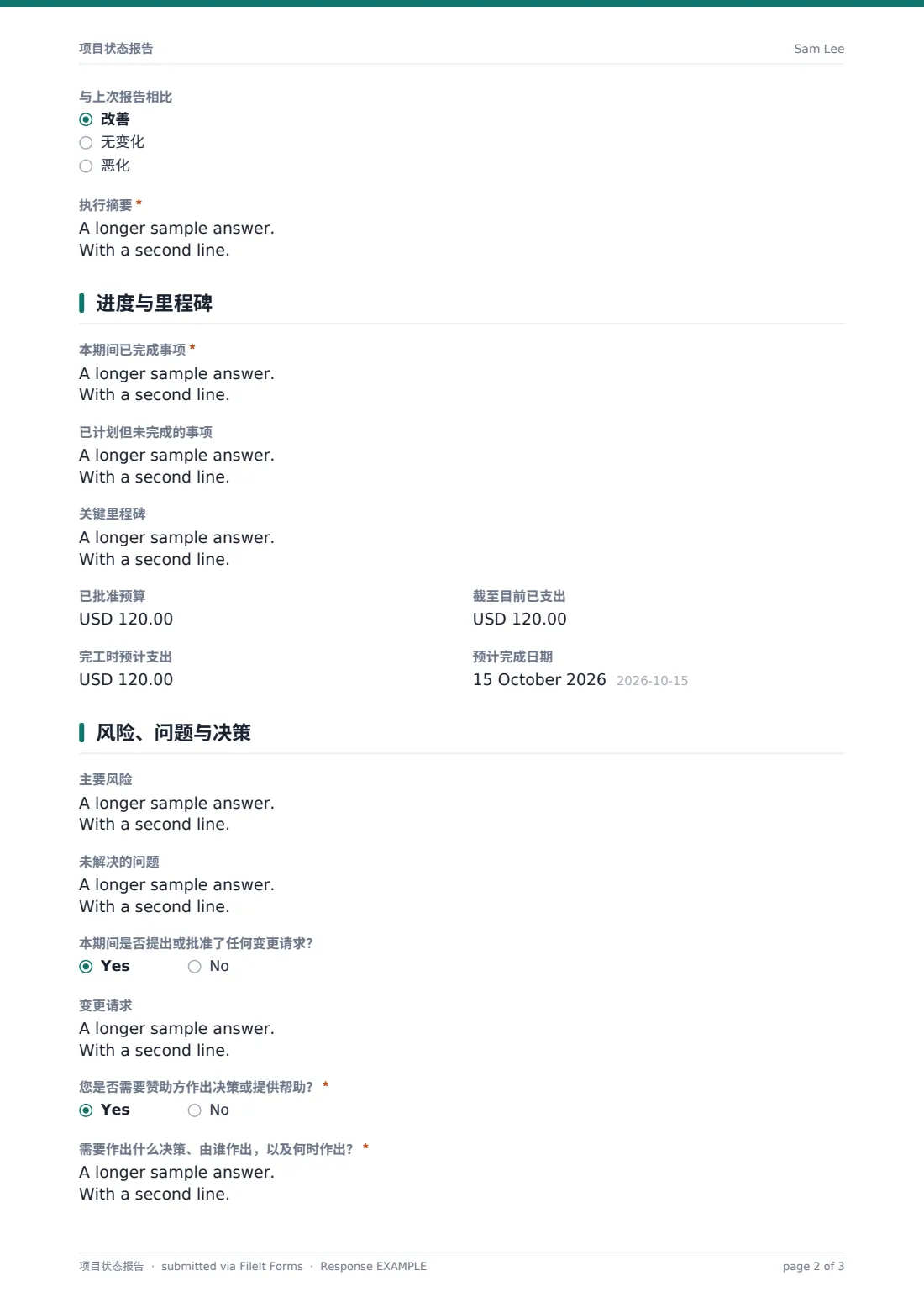 项目状态报告 — 示例回复 PDF，第 2 页，共 3 页