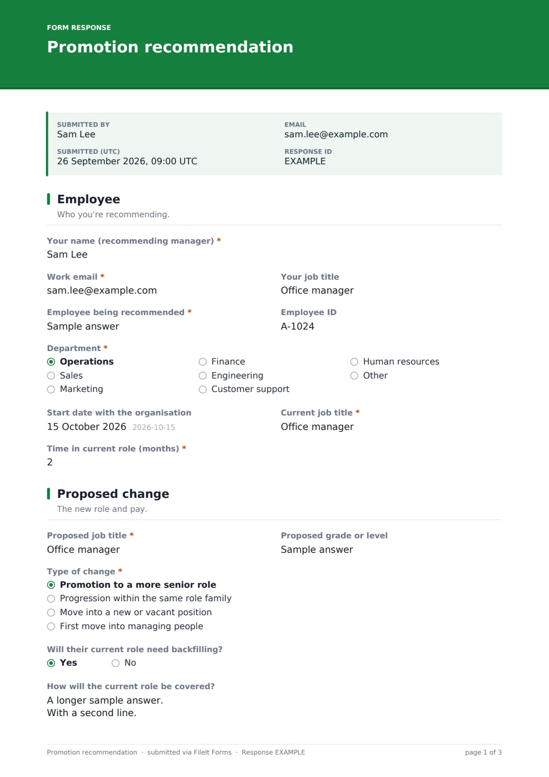 Promotion recommendation — example response PDF, page 1 of 3