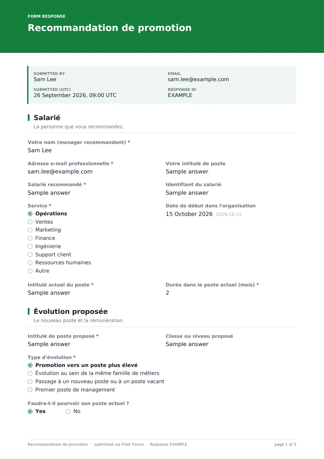 Recommandation de promotion — exemple de réponse au format PDF, page 1 sur 3