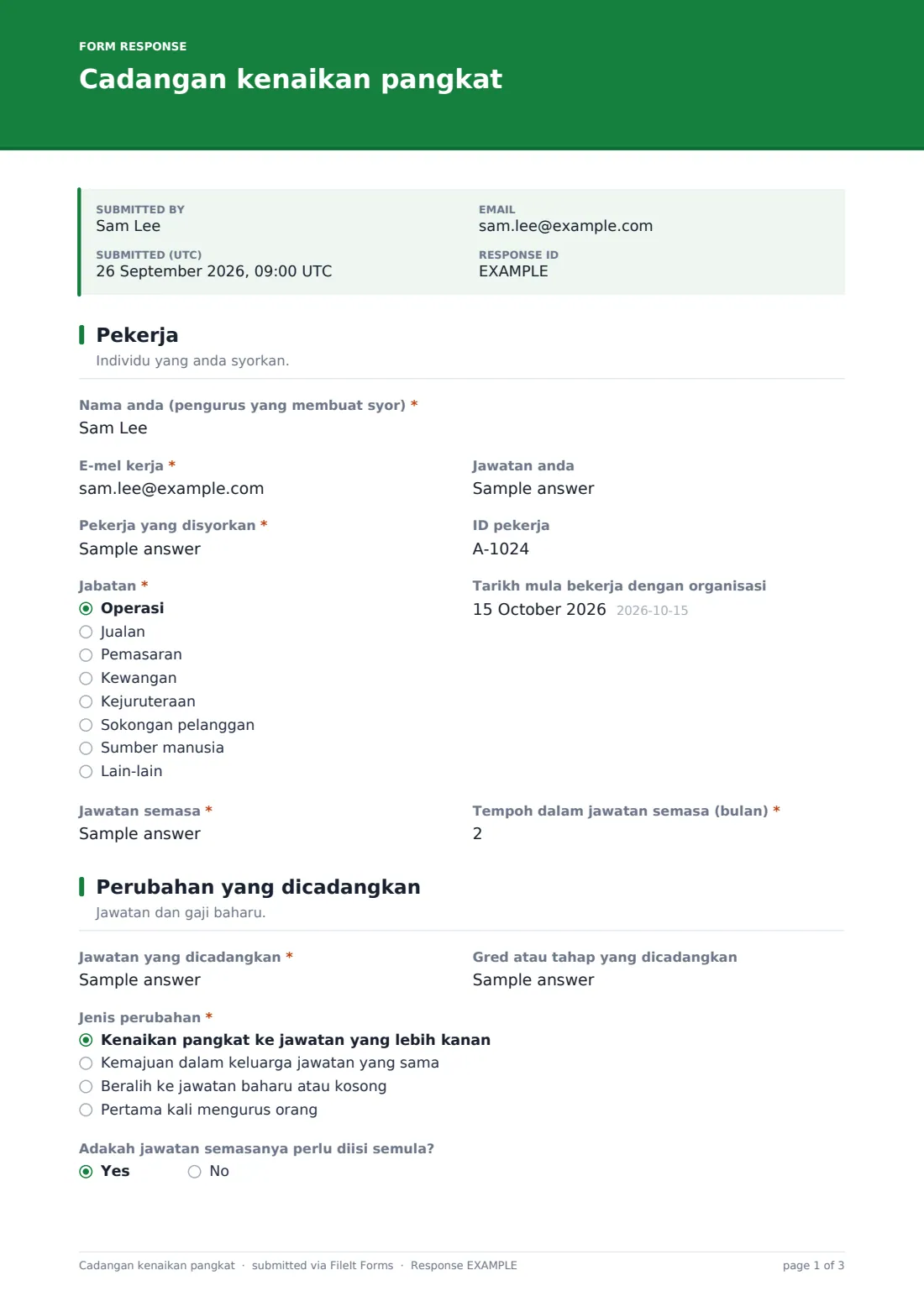 Cadangan kenaikan pangkat — PDF respons contoh, halaman 1 daripada 3