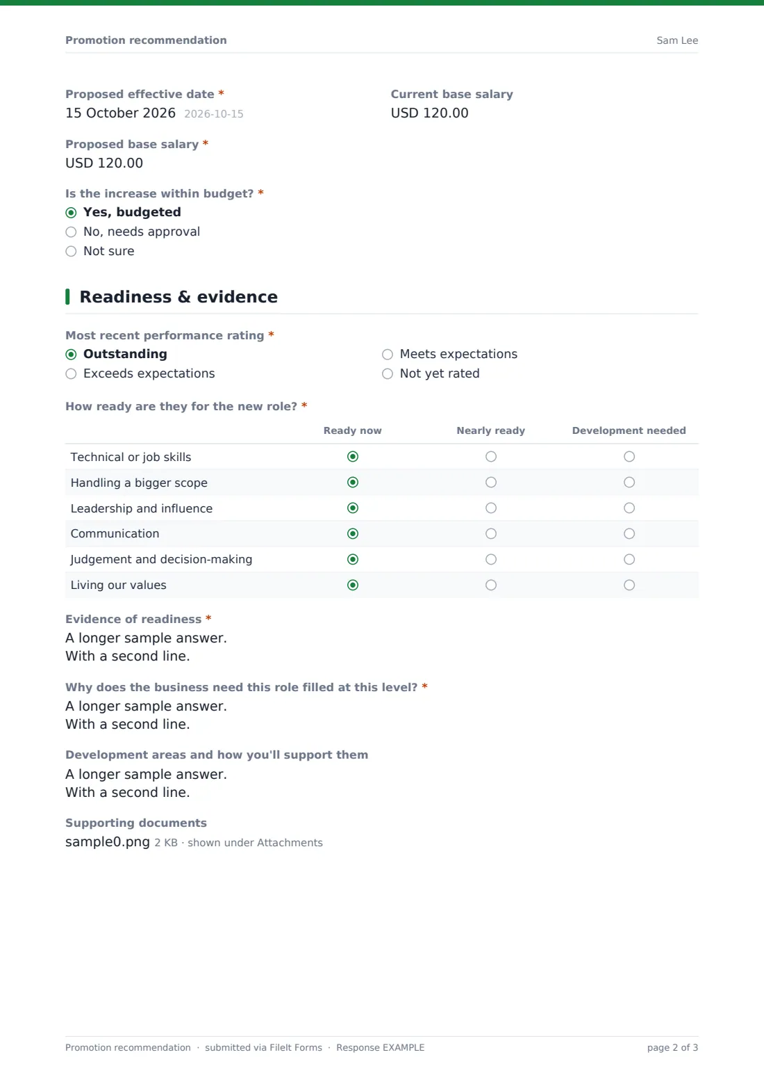 Promotion recommendation — example response PDF, page 2 of 3