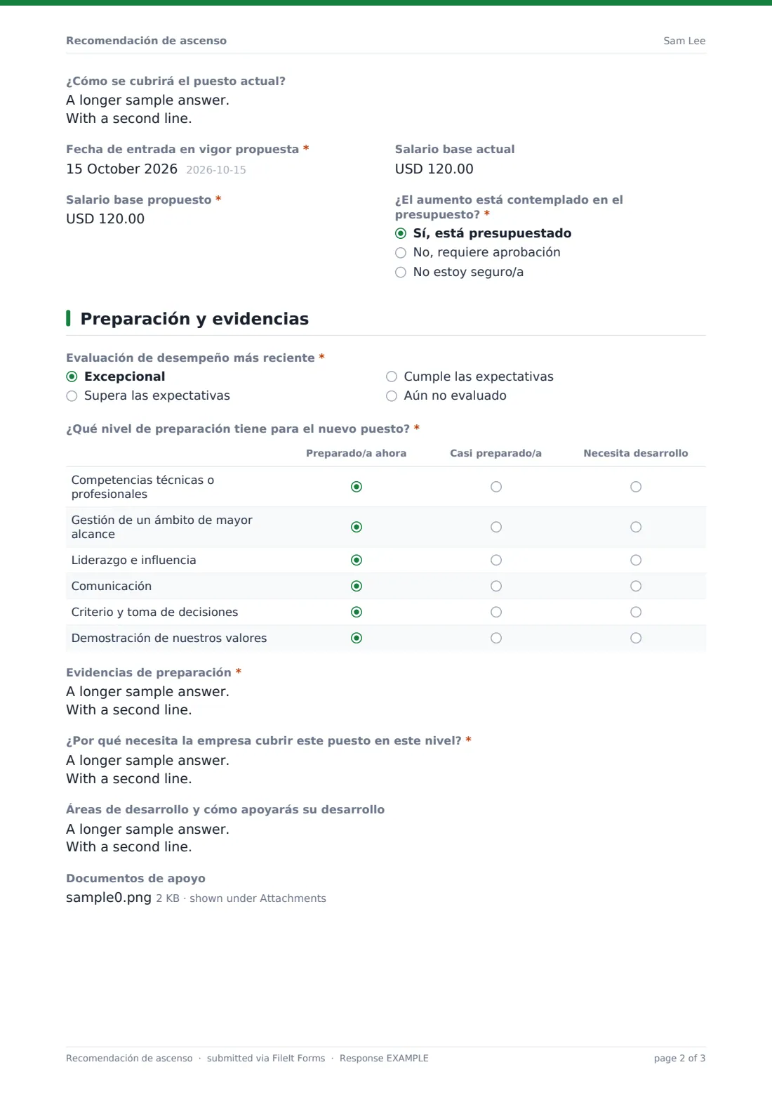 Recomendación de ascenso — PDF de respuesta de ejemplo, página 2 de 3