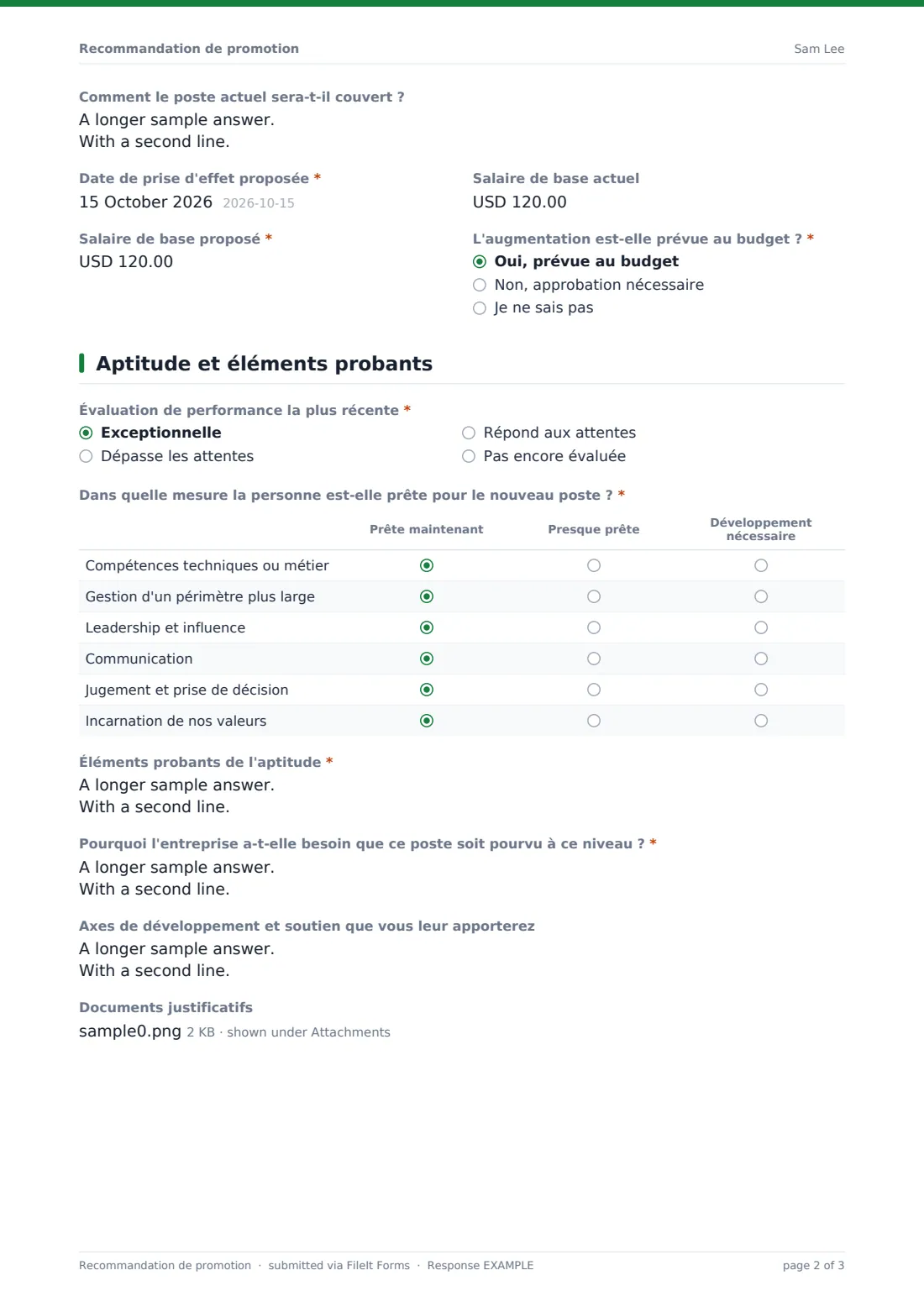 Recommandation de promotion — exemple de réponse au format PDF, page 2 sur 3