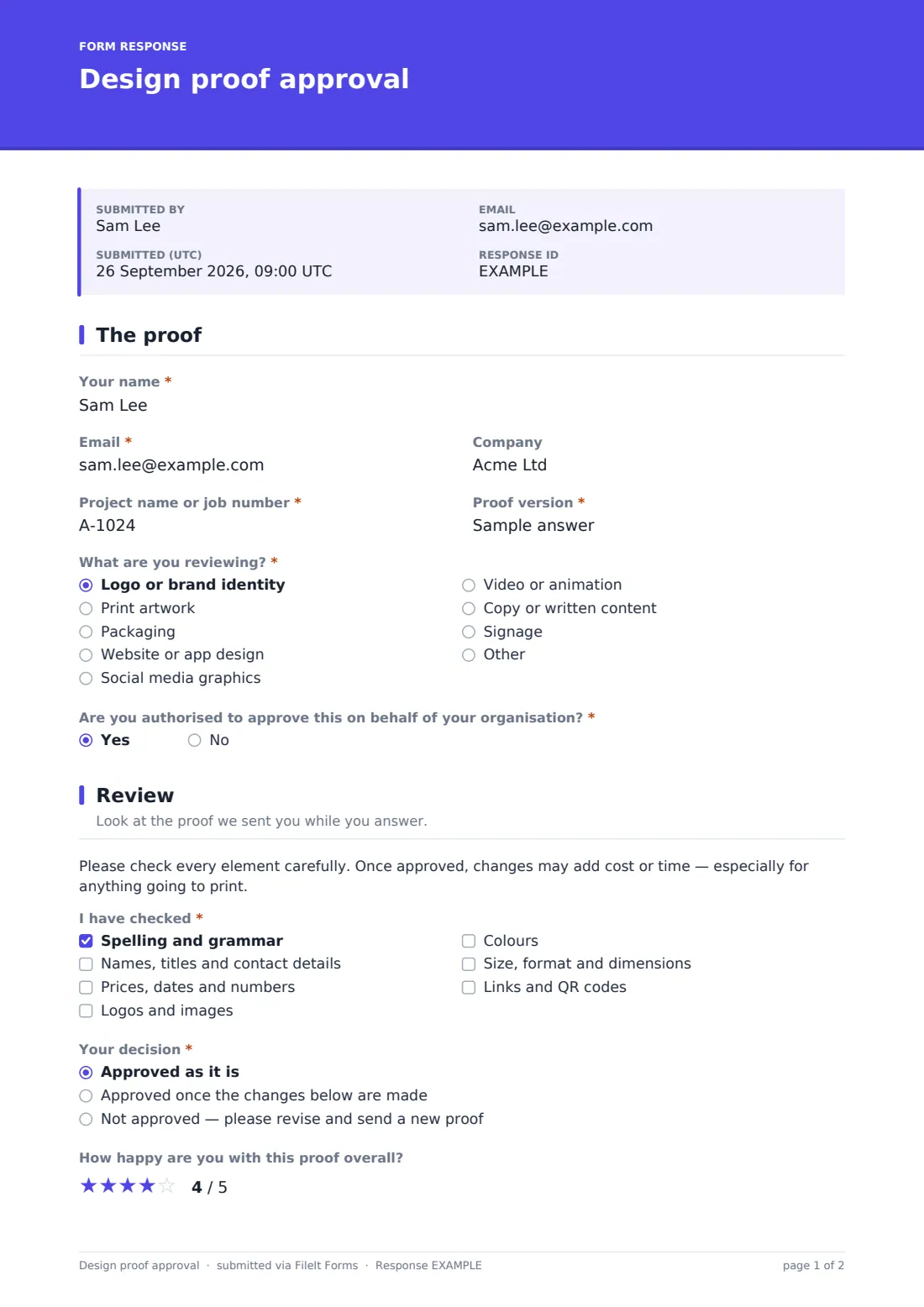 Design proof approval — example response PDF, page 1 of 2