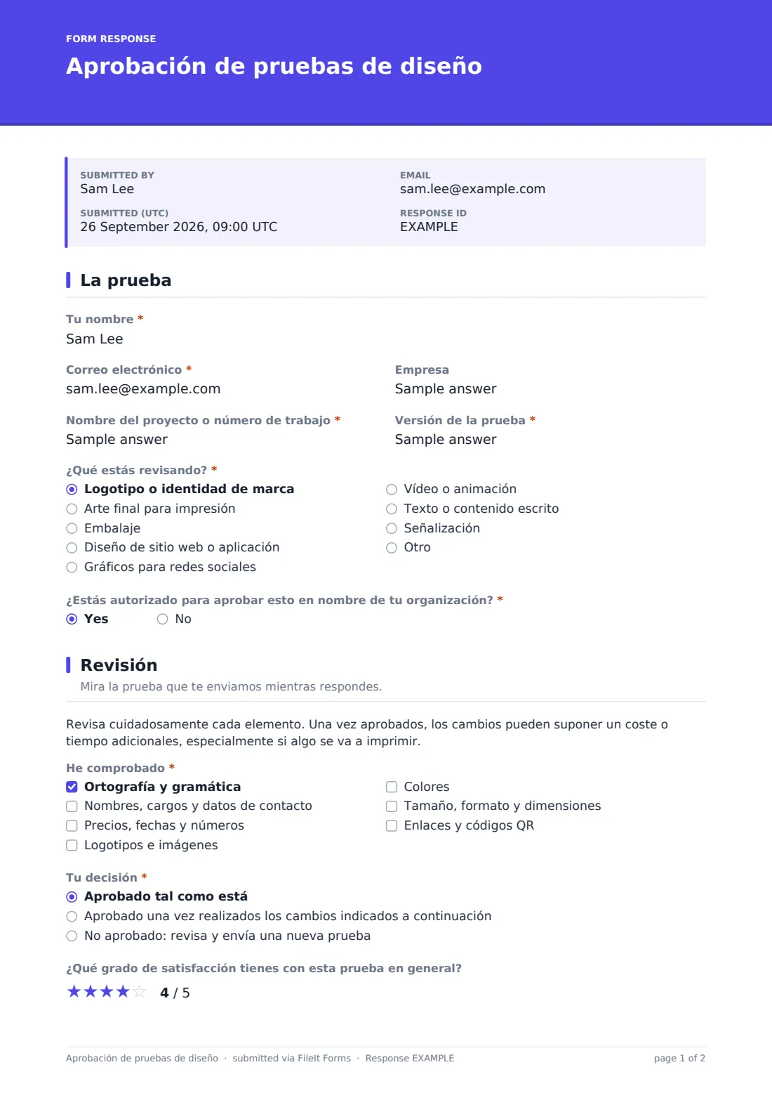Aprobación de pruebas de diseño — PDF de respuesta de ejemplo, página 1 de 2