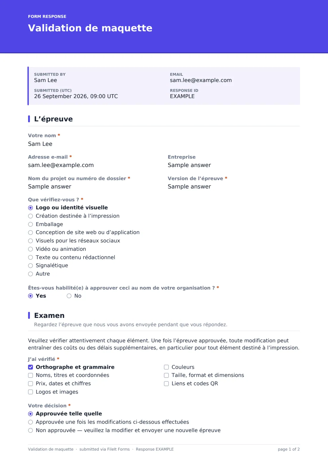 Validation de maquette — exemple de réponse au format PDF, page 1 sur 2