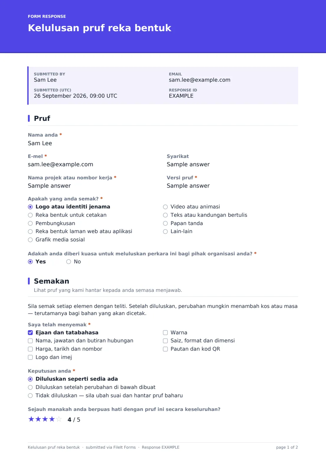Kelulusan pruf reka bentuk — PDF respons contoh, halaman 1 daripada 2