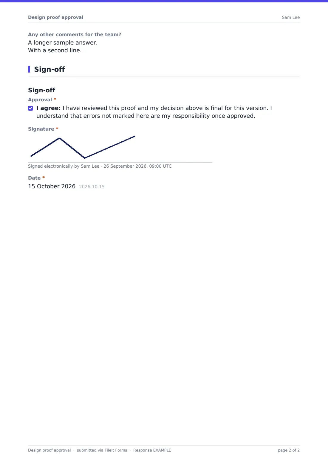 Design proof approval — example response PDF, page 2 of 2