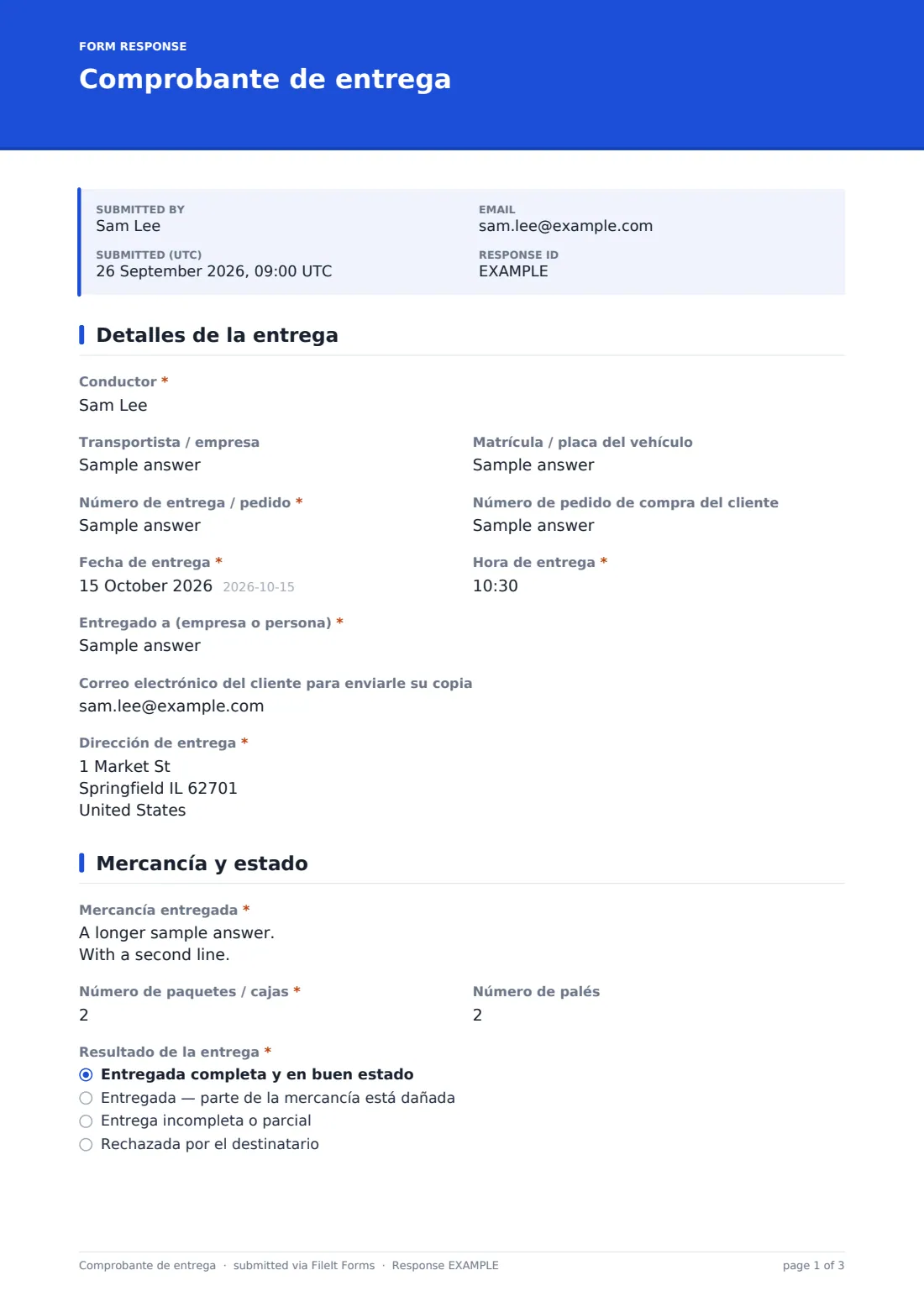 Comprobante de entrega — PDF de respuesta de ejemplo, página 1 de 3