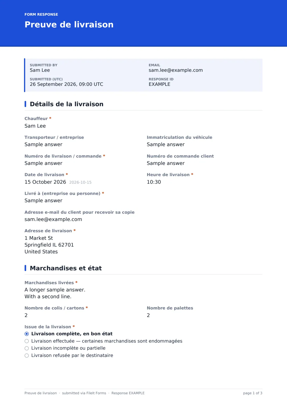Preuve de livraison — exemple de réponse au format PDF, page 1 sur 3