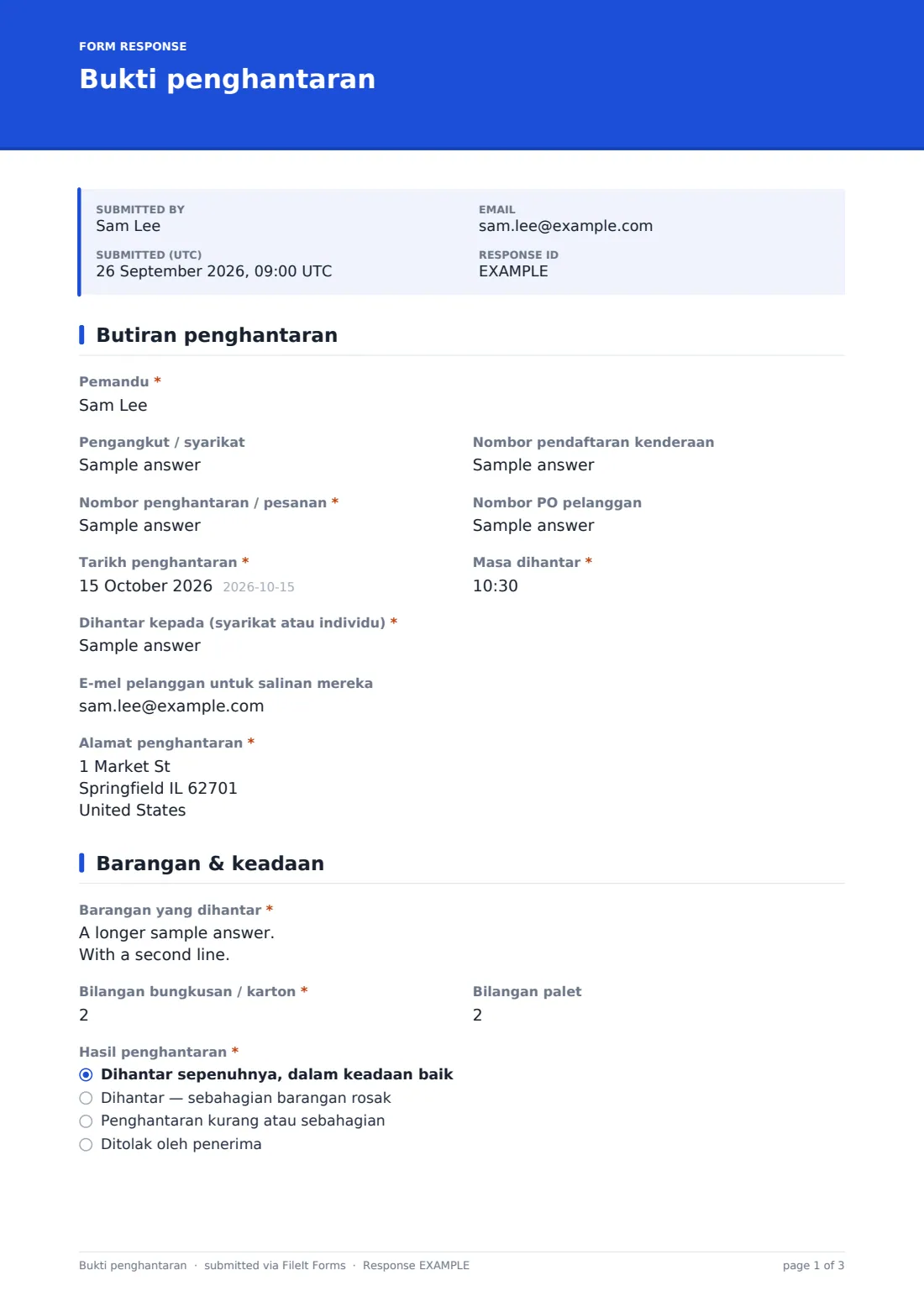 Bukti penghantaran — PDF respons contoh, halaman 1 daripada 3