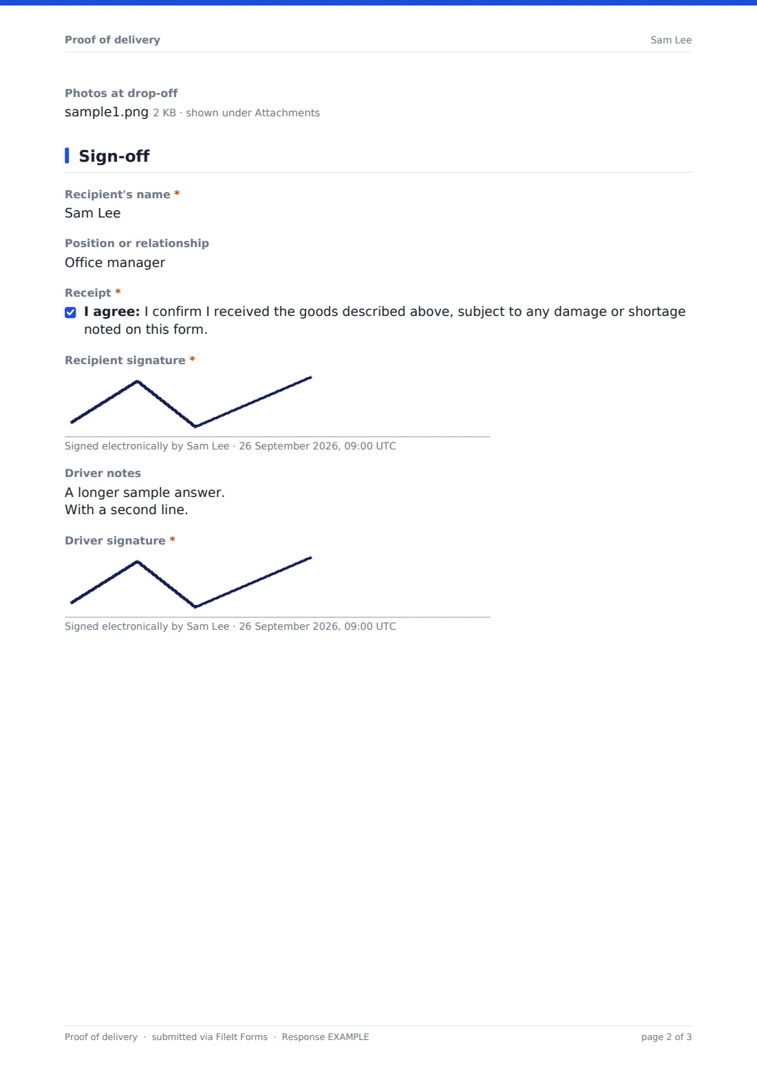 Proof of delivery — example response PDF, page 2 of 3