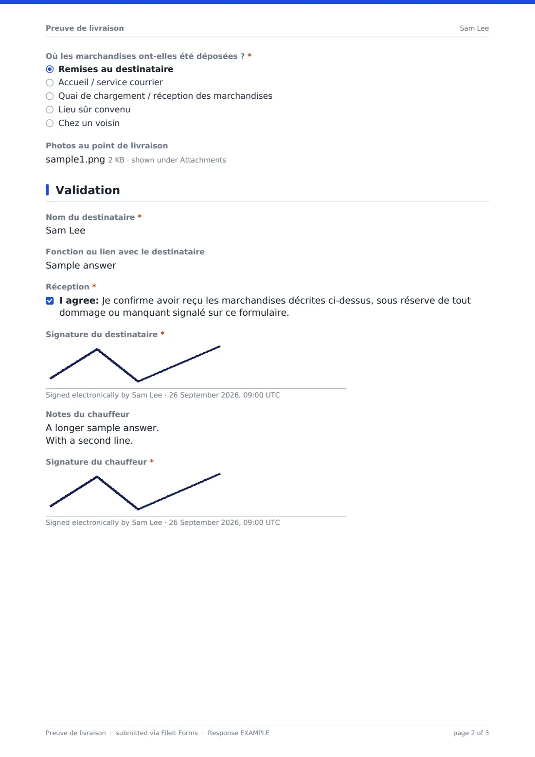 Preuve de livraison — exemple de réponse au format PDF, page 2 sur 3