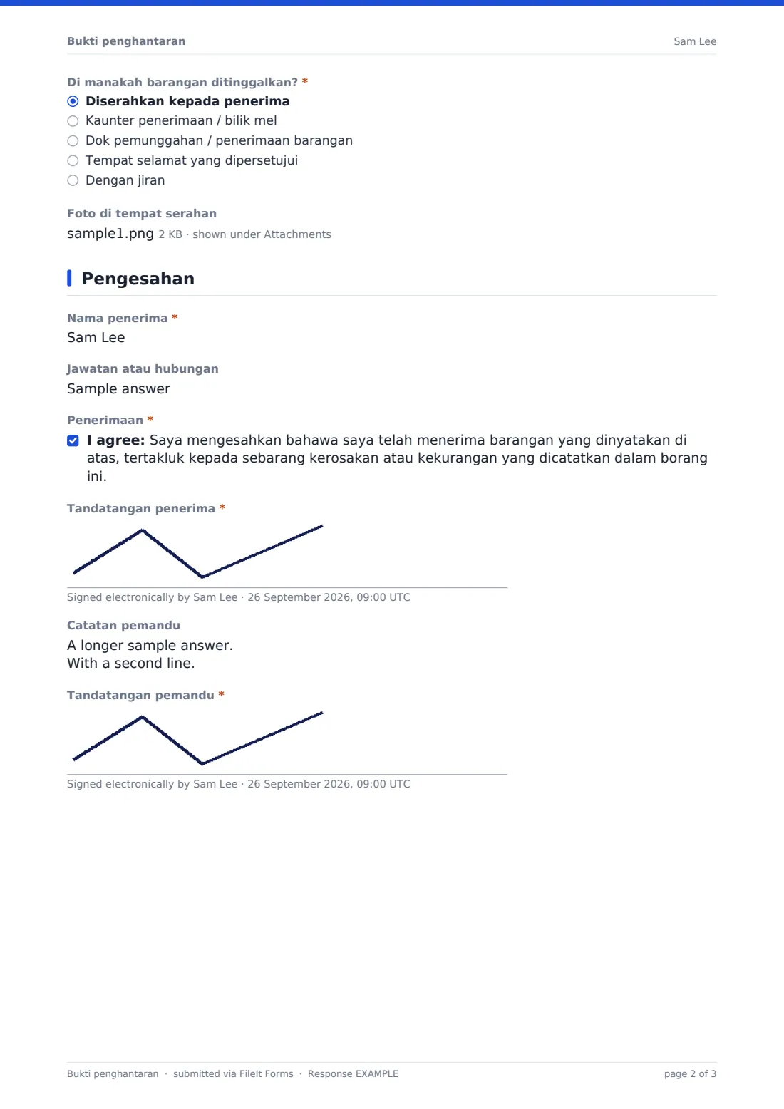 Bukti penghantaran — PDF respons contoh, halaman 2 daripada 3