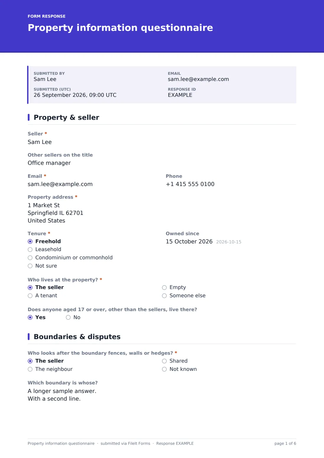 Property information questionnaire — example response PDF, page 1 of 6