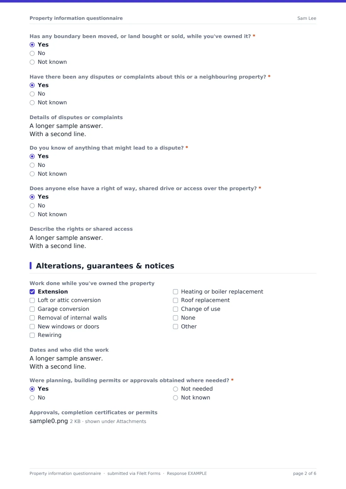 Property information questionnaire — example response PDF, page 2 of 6