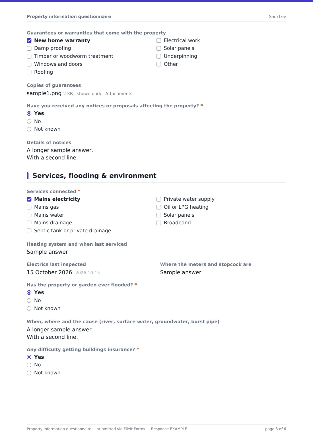 Property information questionnaire — example response PDF, page 3 of 6