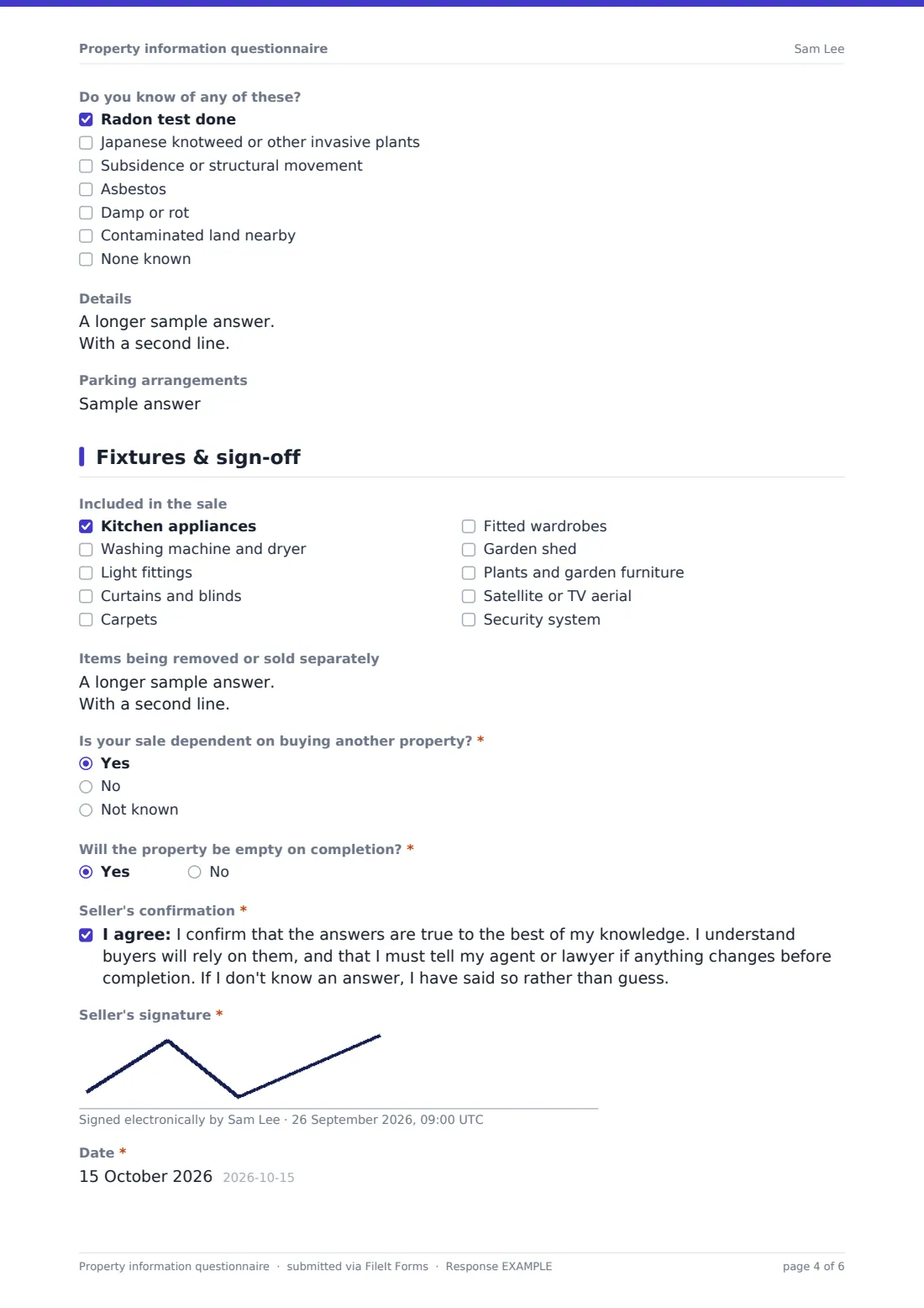 Property information questionnaire — example response PDF, page 4 of 6