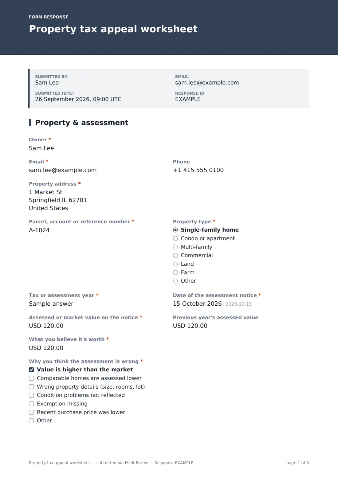 Property tax appeal worksheet — example response PDF, page 1 of 5