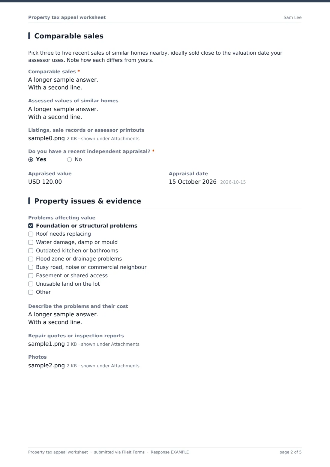 Property tax appeal worksheet — example response PDF, page 2 of 5
