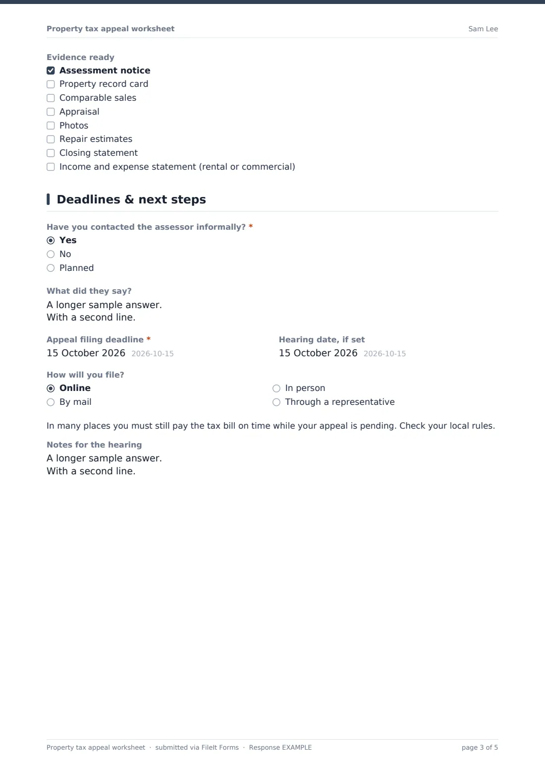 Property tax appeal worksheet — example response PDF, page 3 of 5