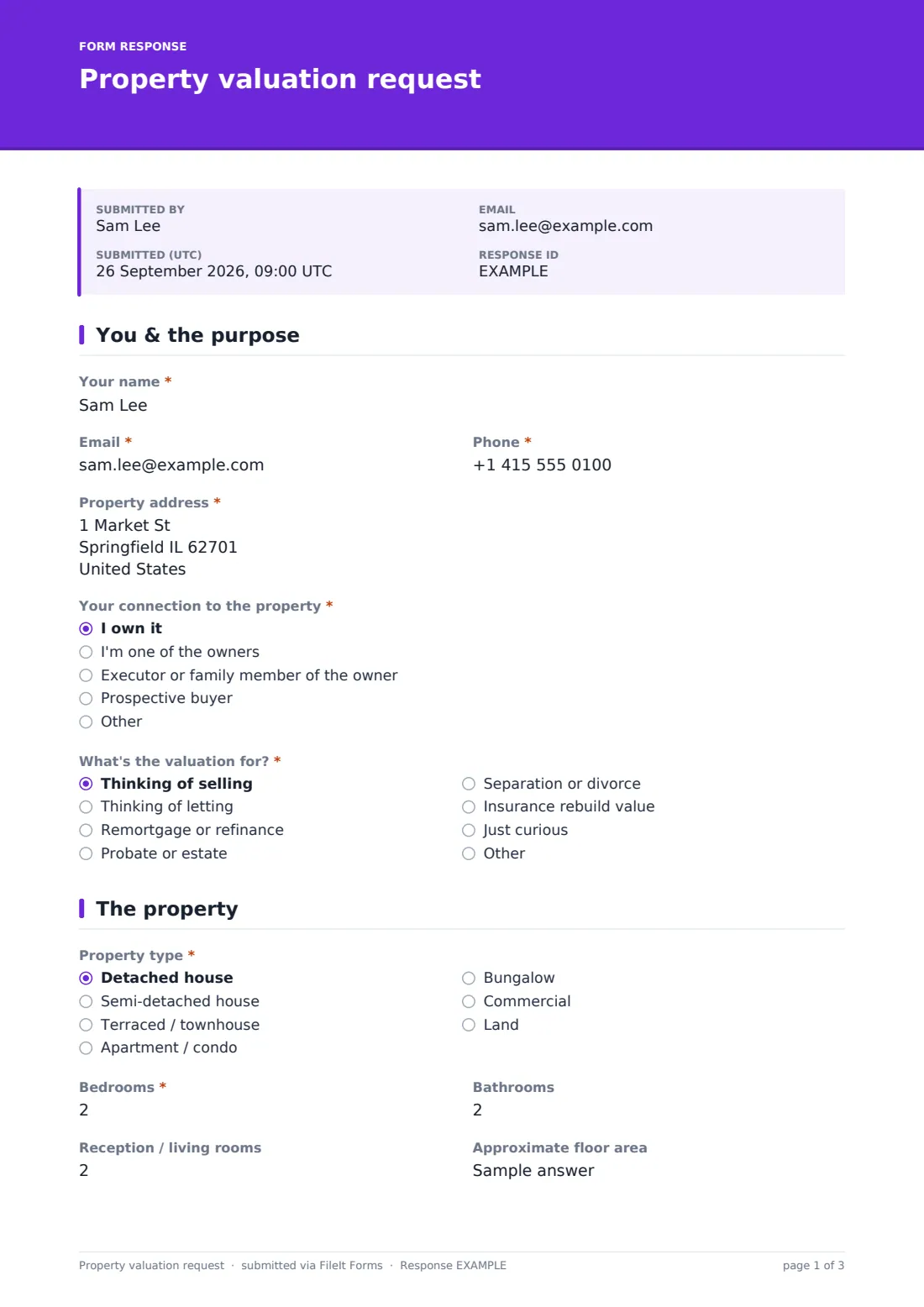 Property valuation request — example response PDF, page 1 of 3