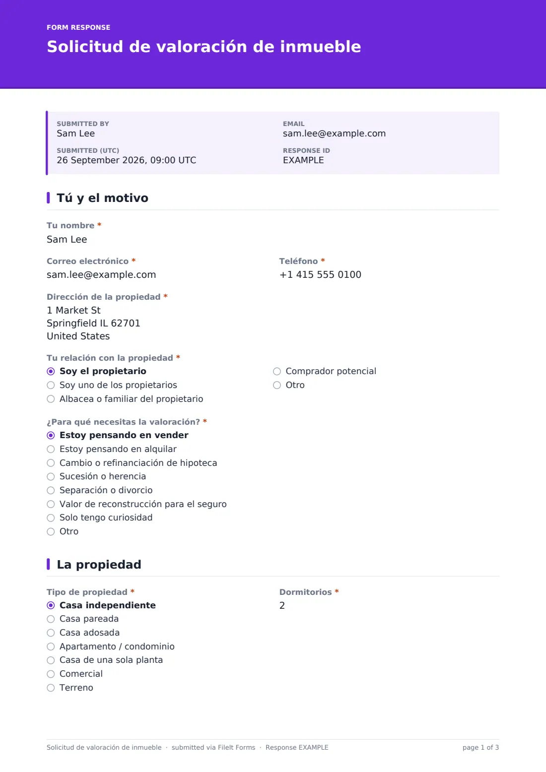 Solicitud de valoración de inmueble — PDF de respuesta de ejemplo, página 1 de 3