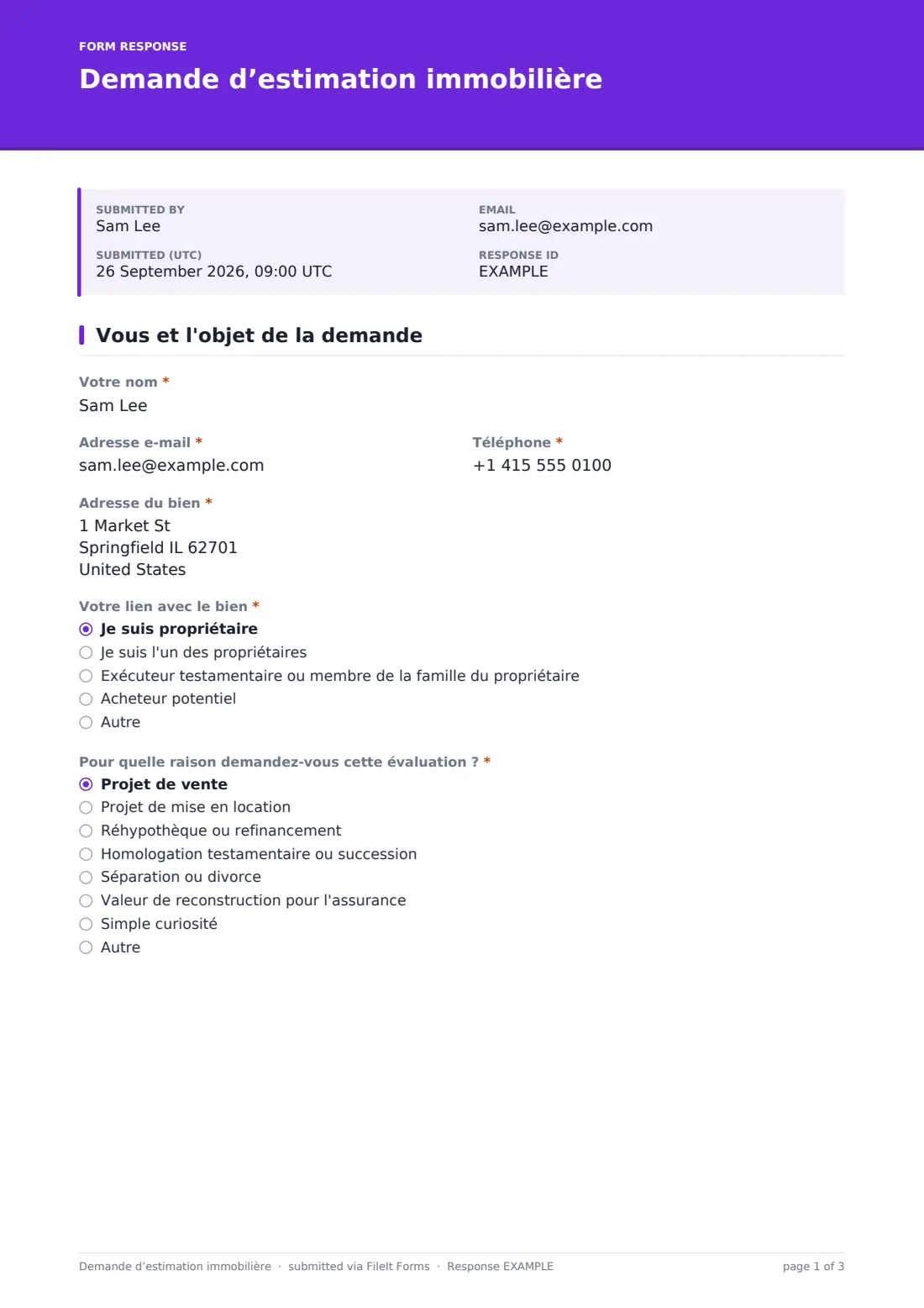 Demande d’estimation immobilière — exemple de réponse au format PDF, page 1 sur 3