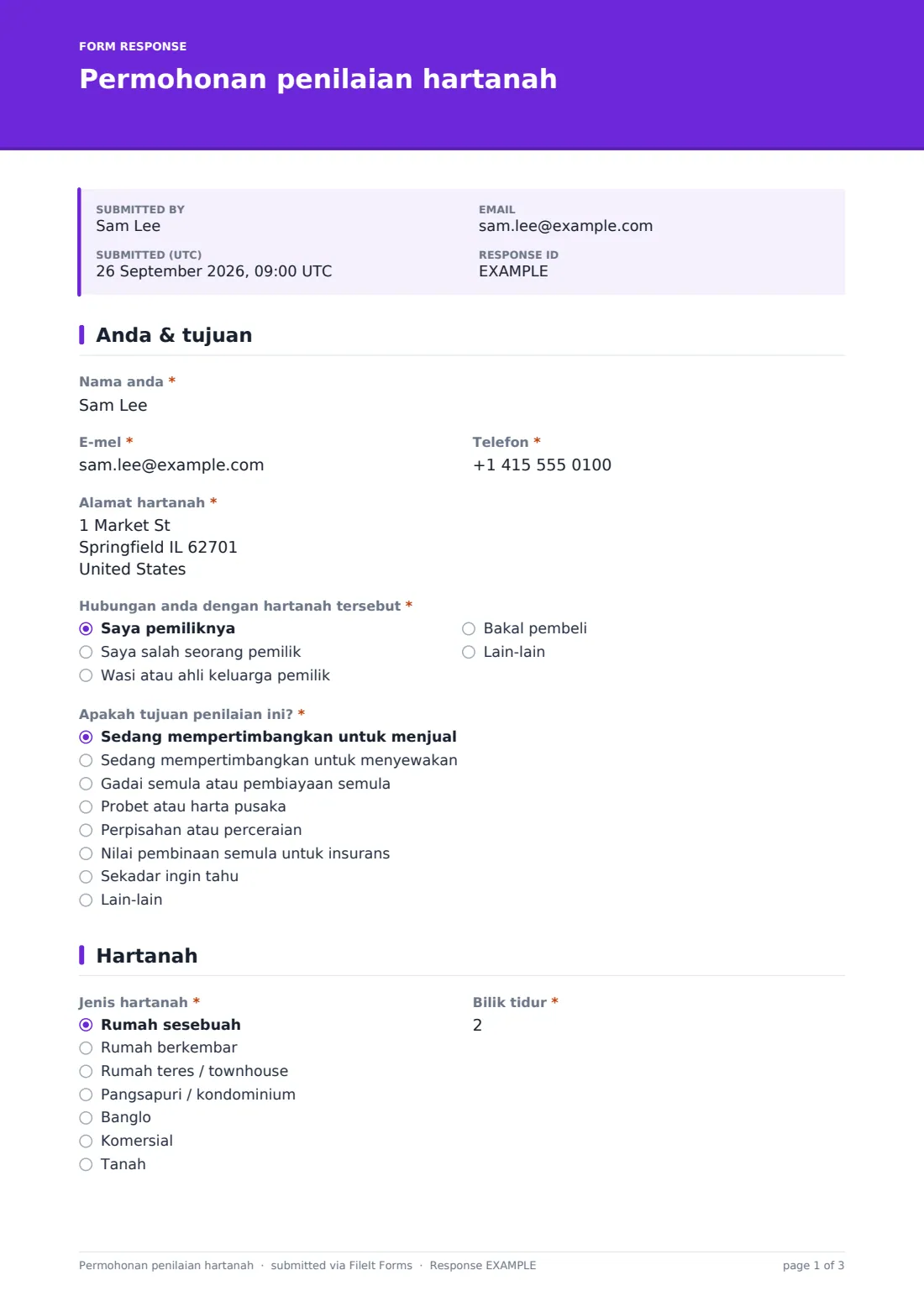 Permohonan penilaian hartanah — PDF respons contoh, halaman 1 daripada 3