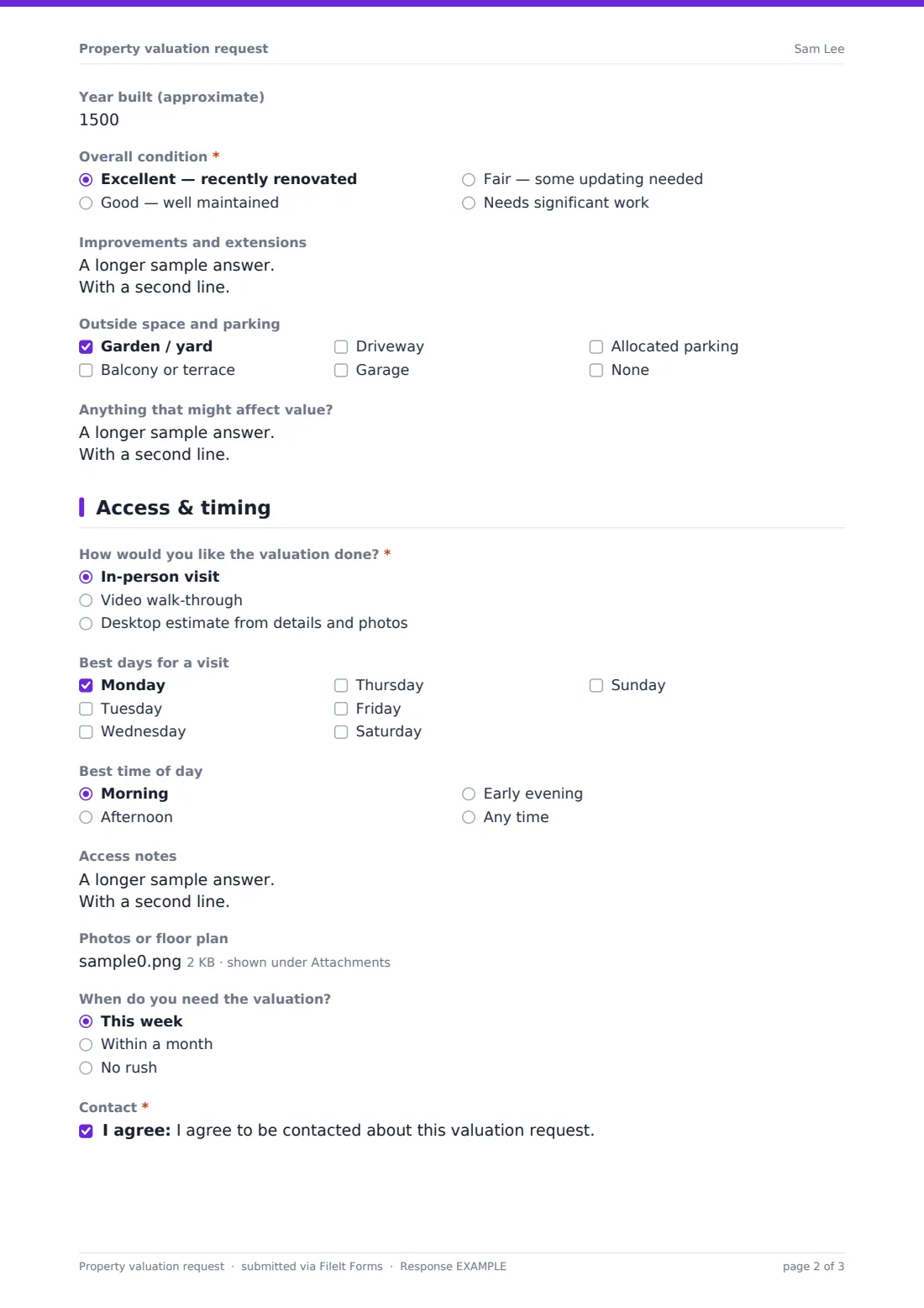 Property valuation request — example response PDF, page 2 of 3
