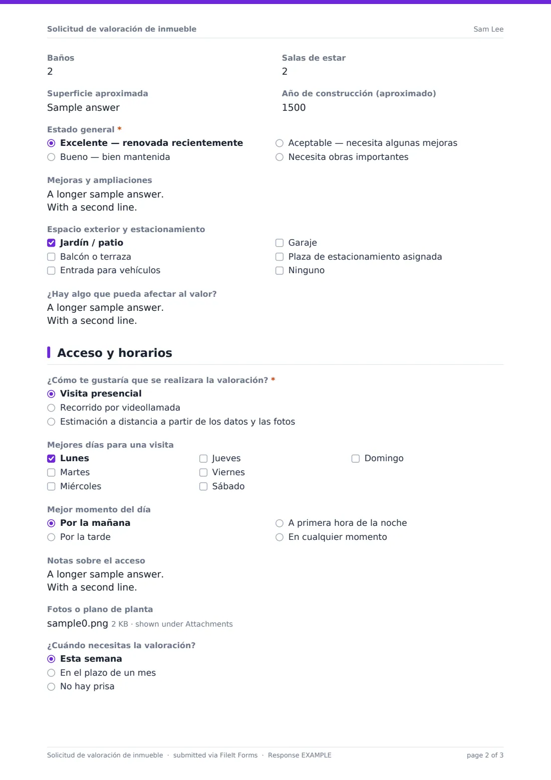 Solicitud de valoración de inmueble — PDF de respuesta de ejemplo, página 2 de 3