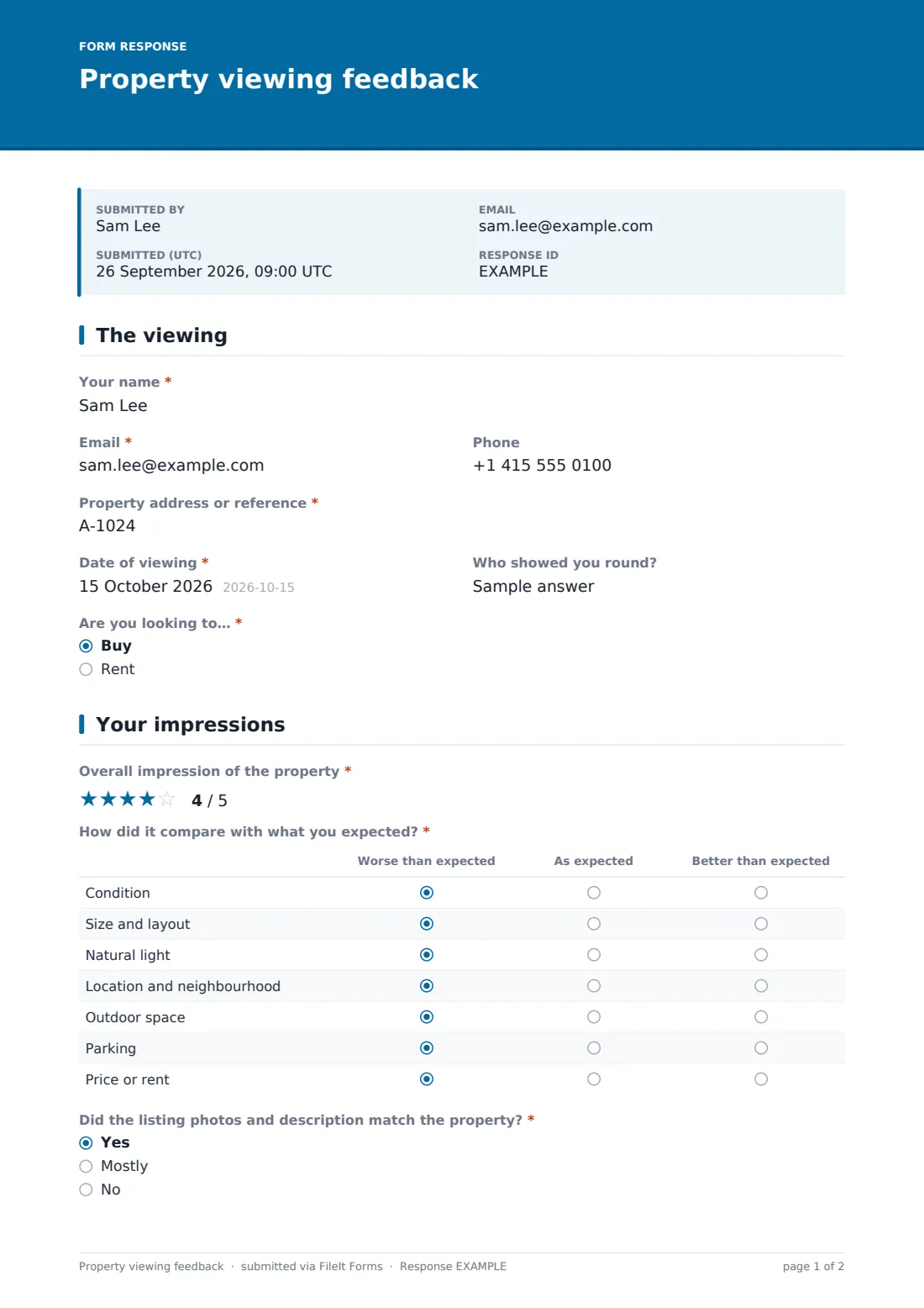 Property viewing feedback — example response PDF, page 1 of 2