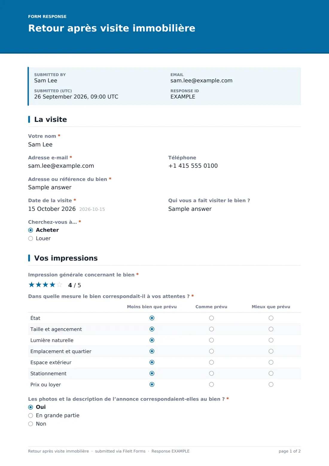 Retour après visite immobilière — exemple de réponse au format PDF, page 1 sur 2