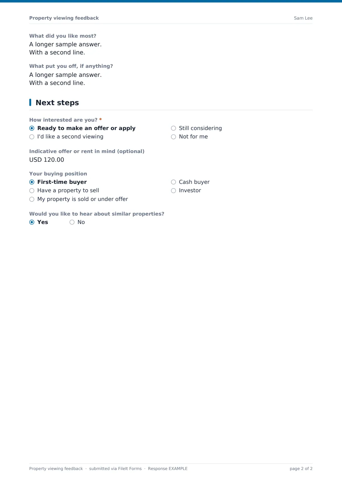 Property viewing feedback — example response PDF, page 2 of 2