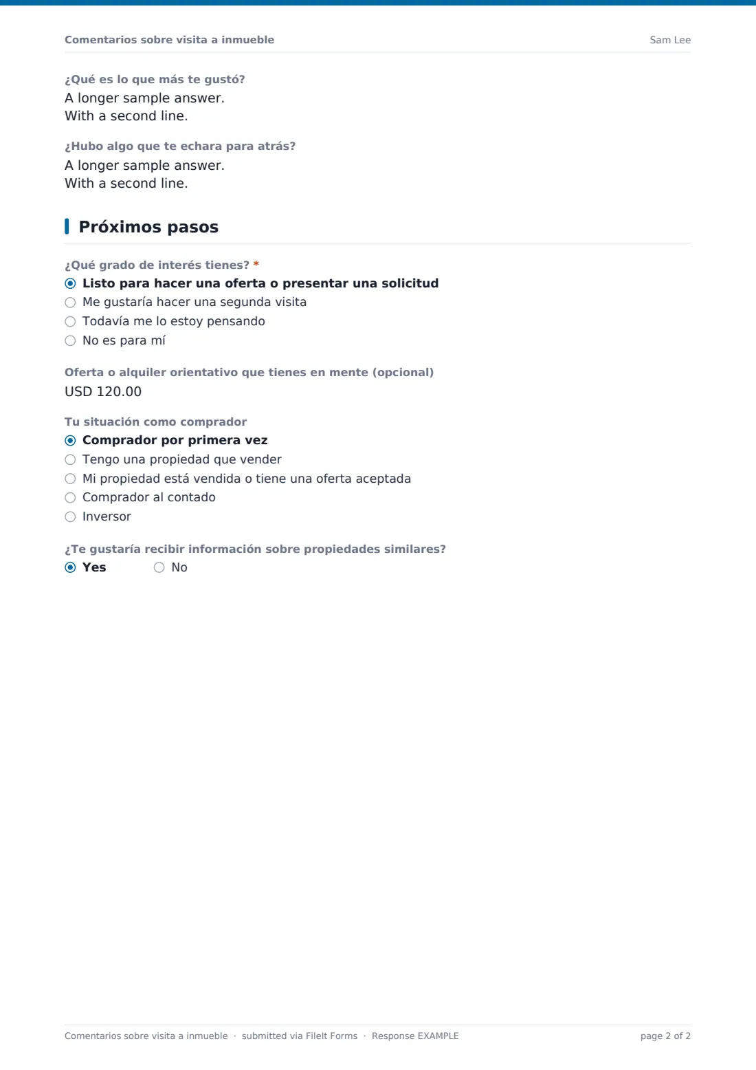 Comentarios sobre visita a inmueble — PDF de respuesta de ejemplo, página 2 de 2