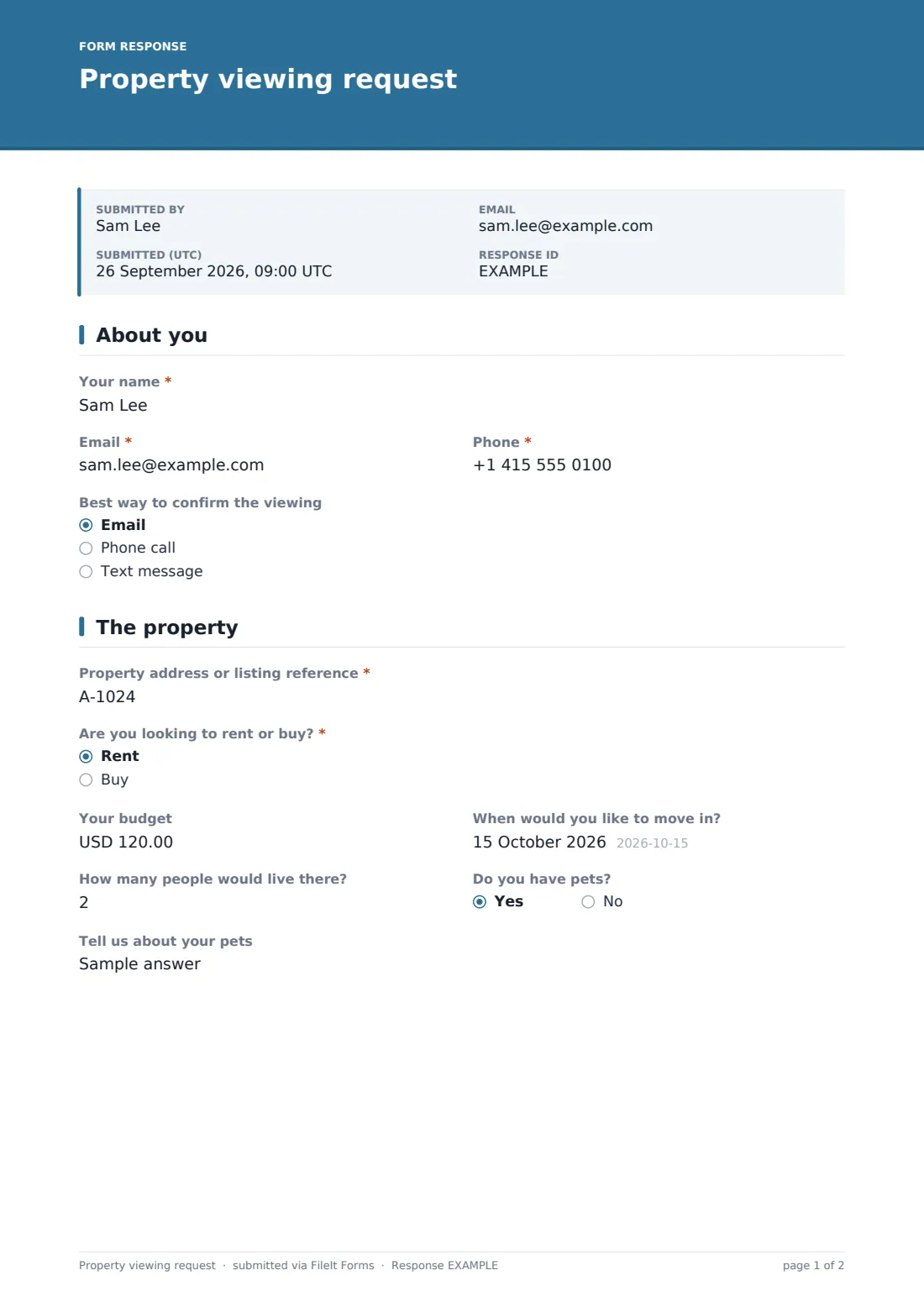 Property viewing request — example response PDF, page 1 of 2