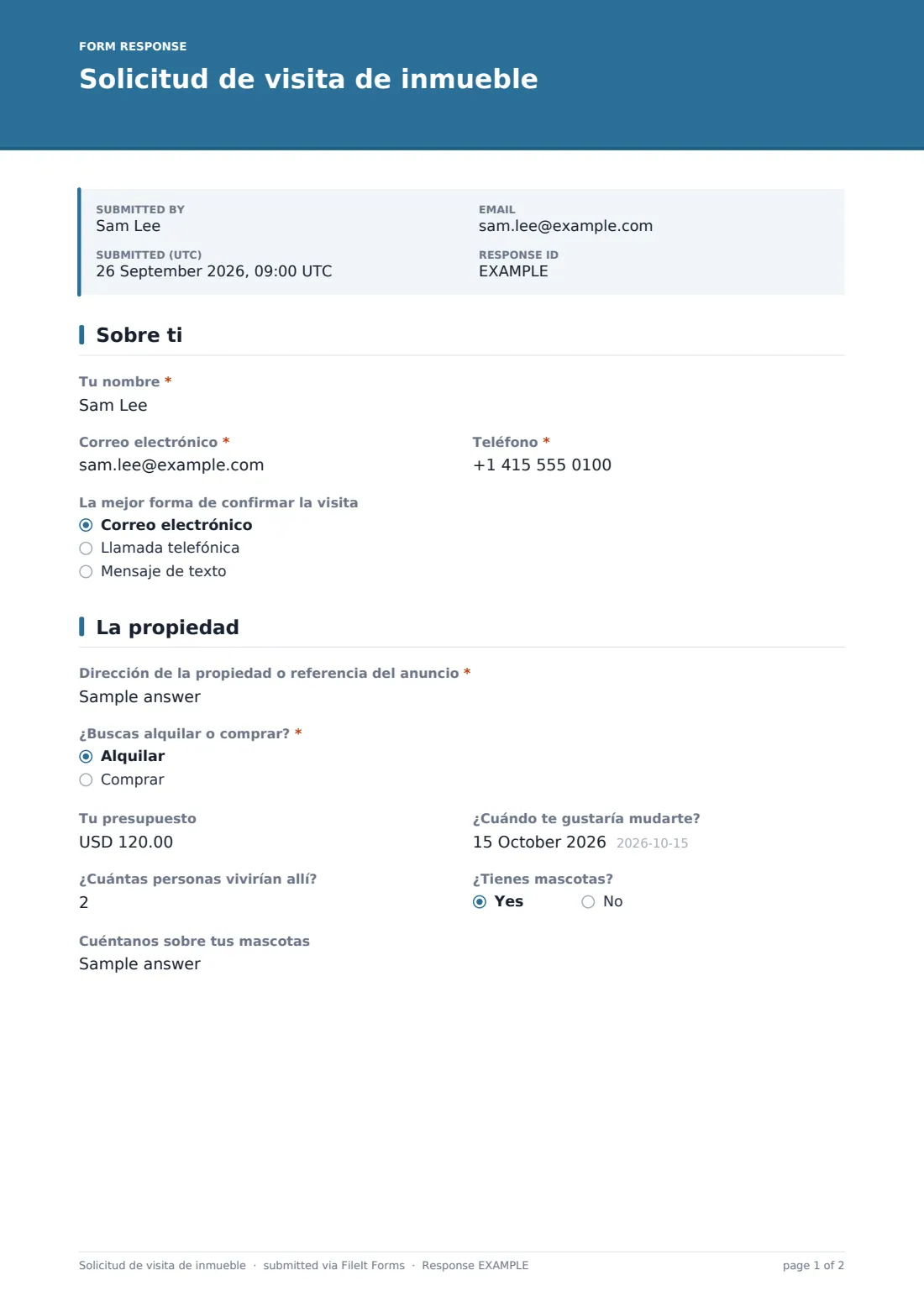 Solicitud de visita de inmueble — PDF de respuesta de ejemplo, página 1 de 2