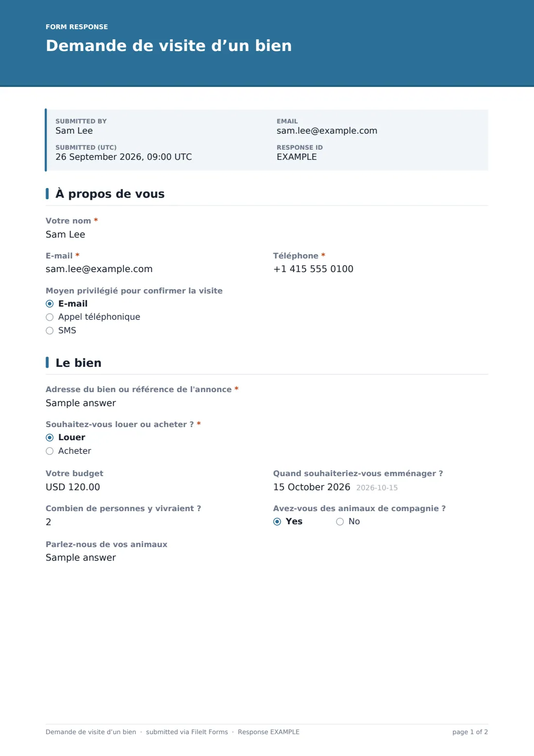 Demande de visite d’un bien — exemple de réponse au format PDF, page 1 sur 2