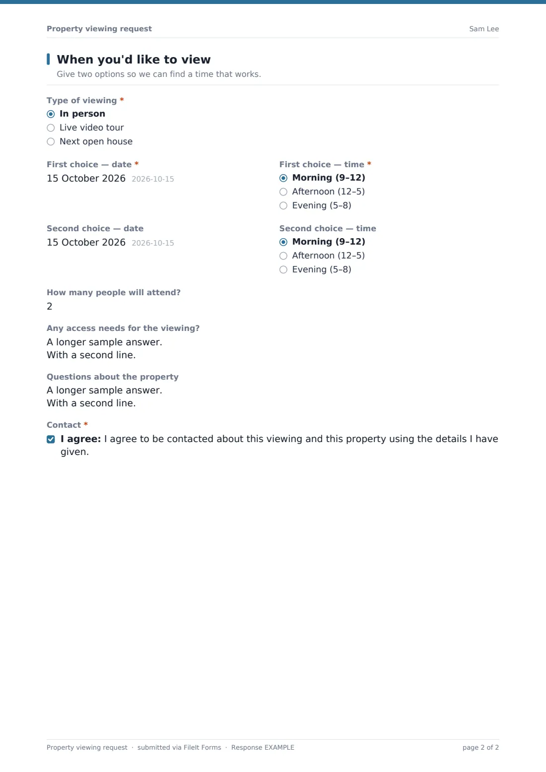 Property viewing request — example response PDF, page 2 of 2
