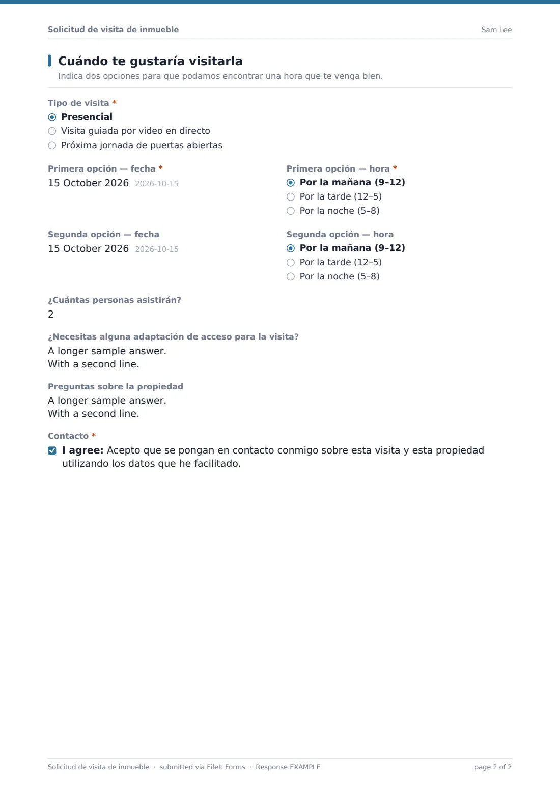 Solicitud de visita de inmueble — PDF de respuesta de ejemplo, página 2 de 2