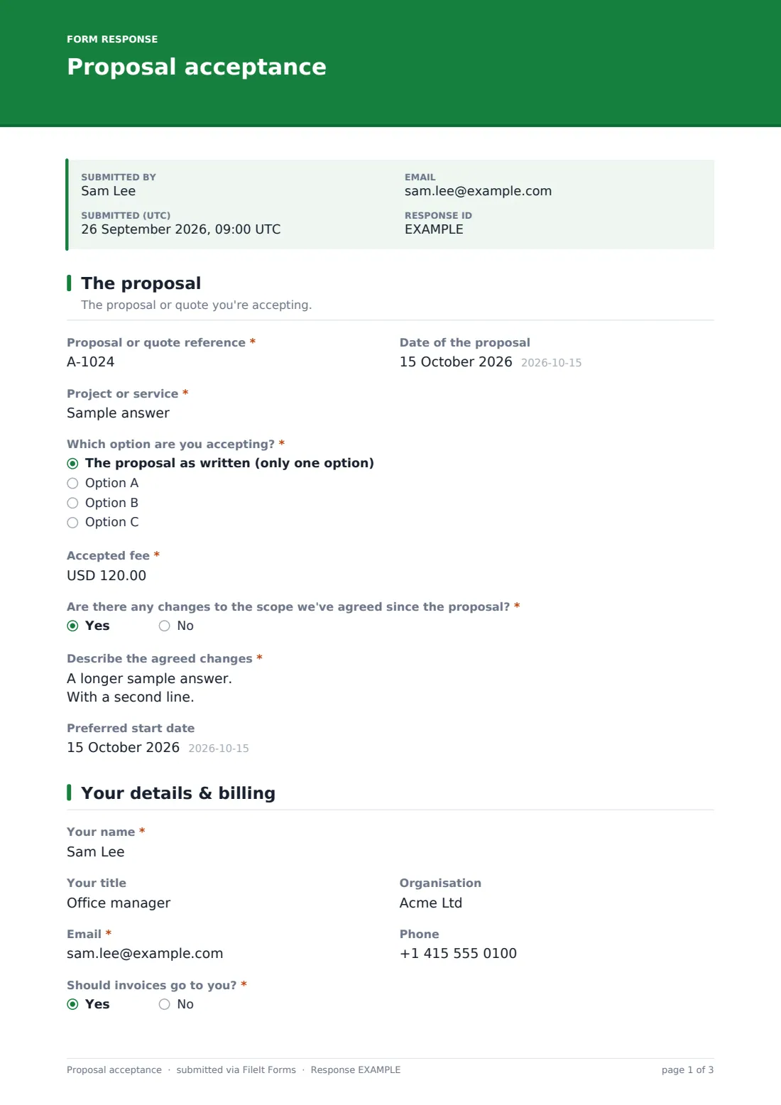 Proposal acceptance — example response PDF, page 1 of 3