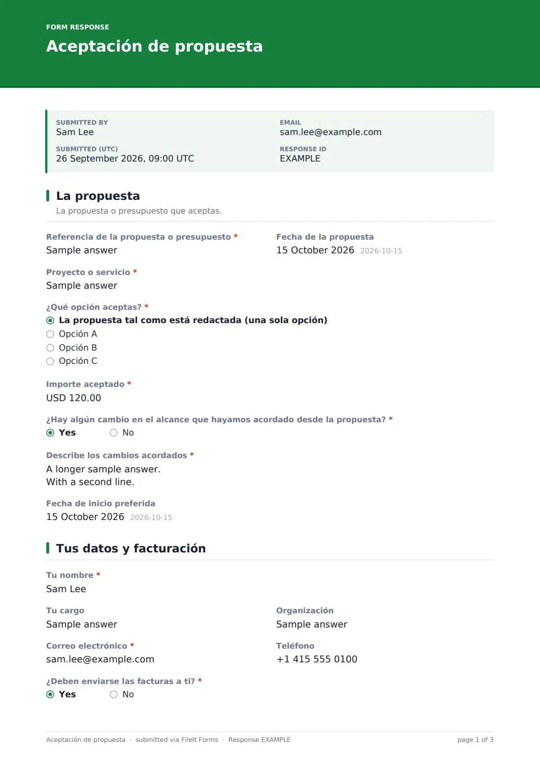 Aceptación de propuesta — PDF de respuesta de ejemplo, página 1 de 3