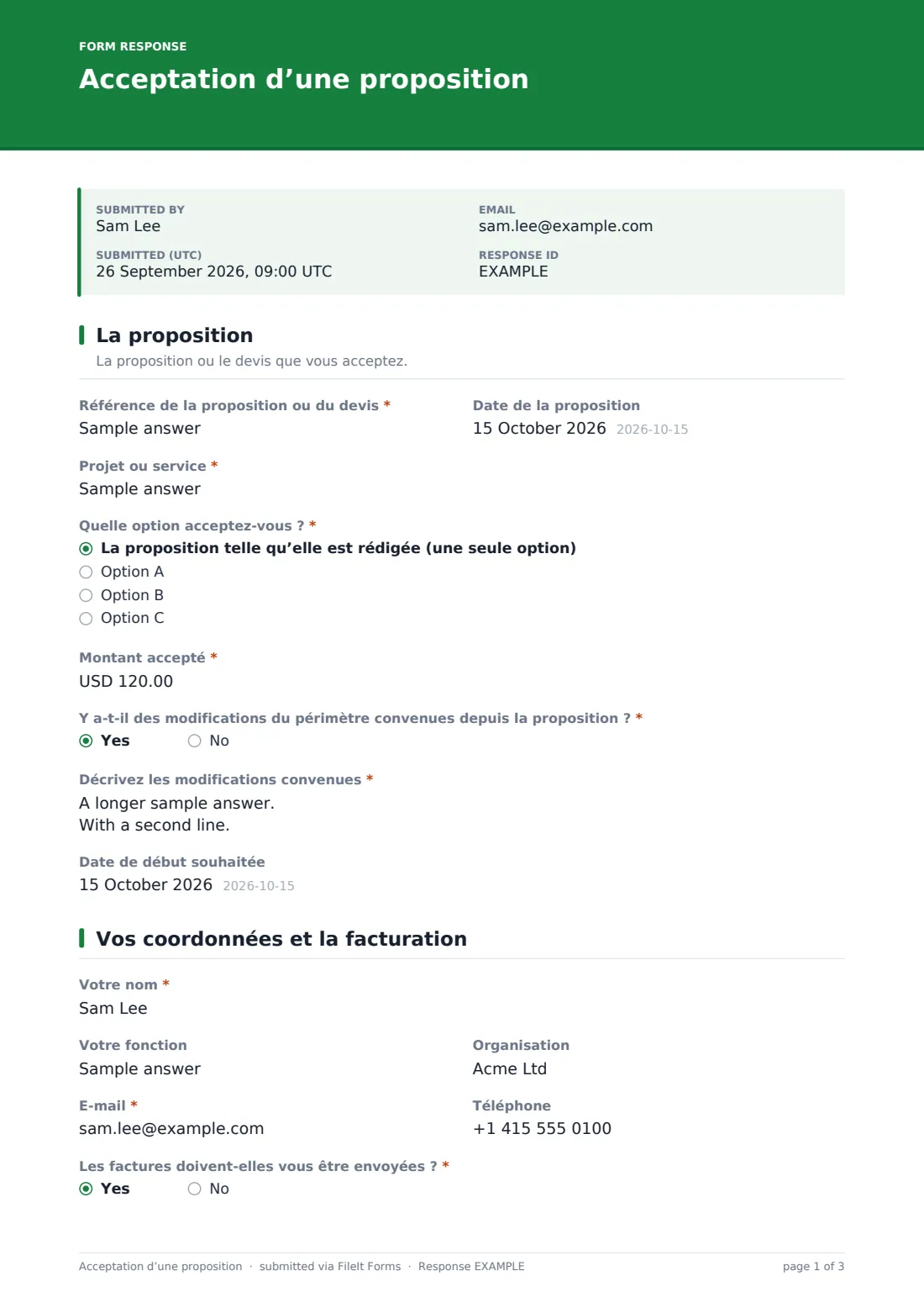 Acceptation d’une proposition — exemple de réponse au format PDF, page 1 sur 3