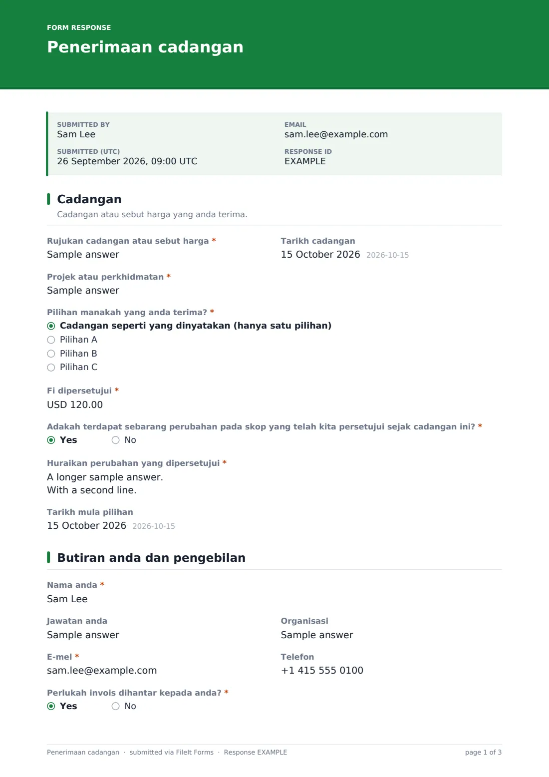 Penerimaan cadangan — PDF respons contoh, halaman 1 daripada 3