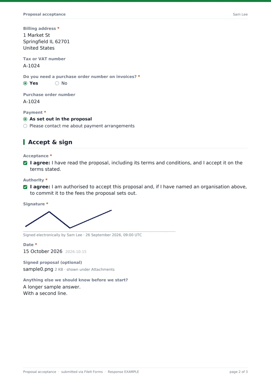 Proposal acceptance — example response PDF, page 2 of 3