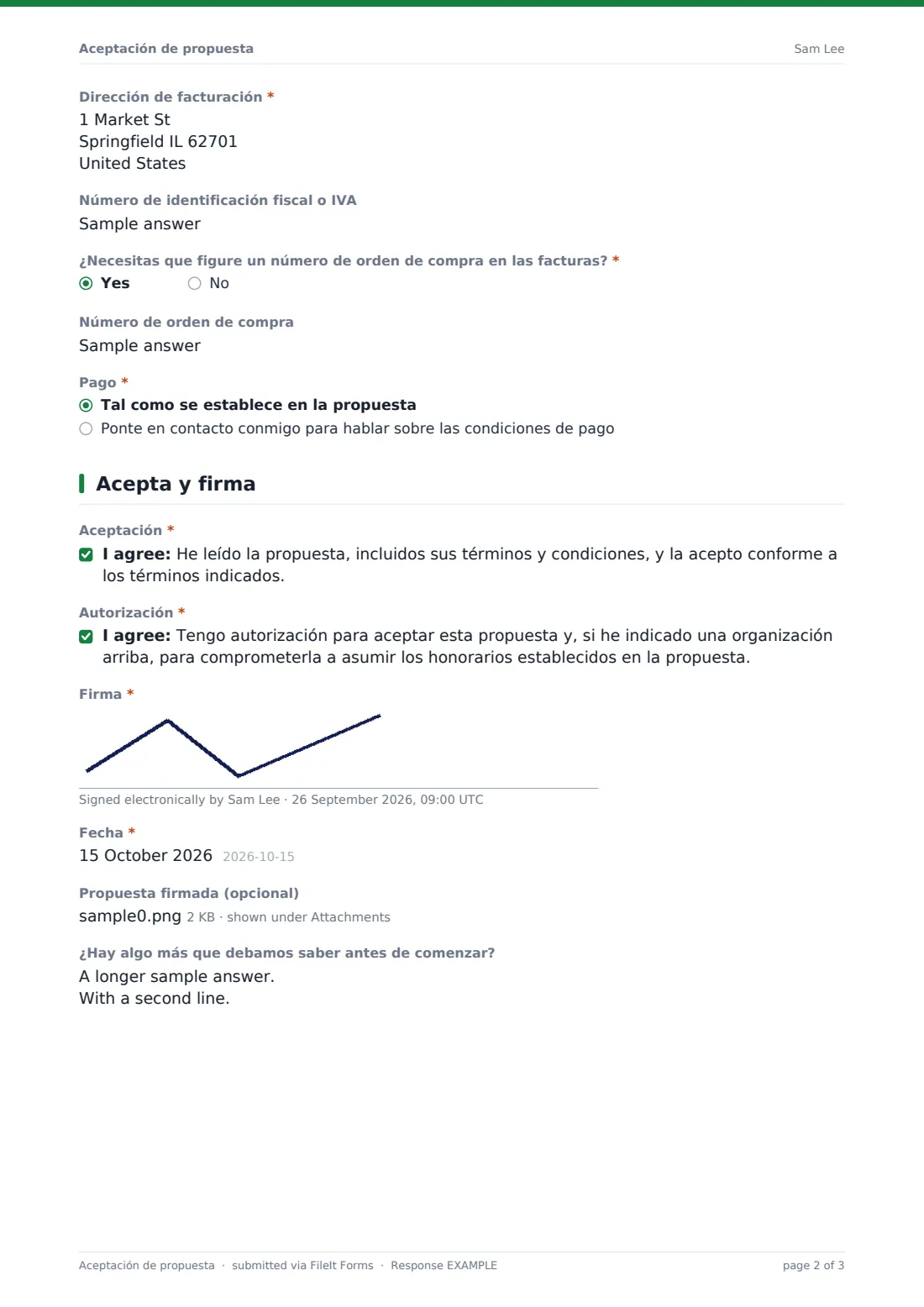 Aceptación de propuesta — PDF de respuesta de ejemplo, página 2 de 3