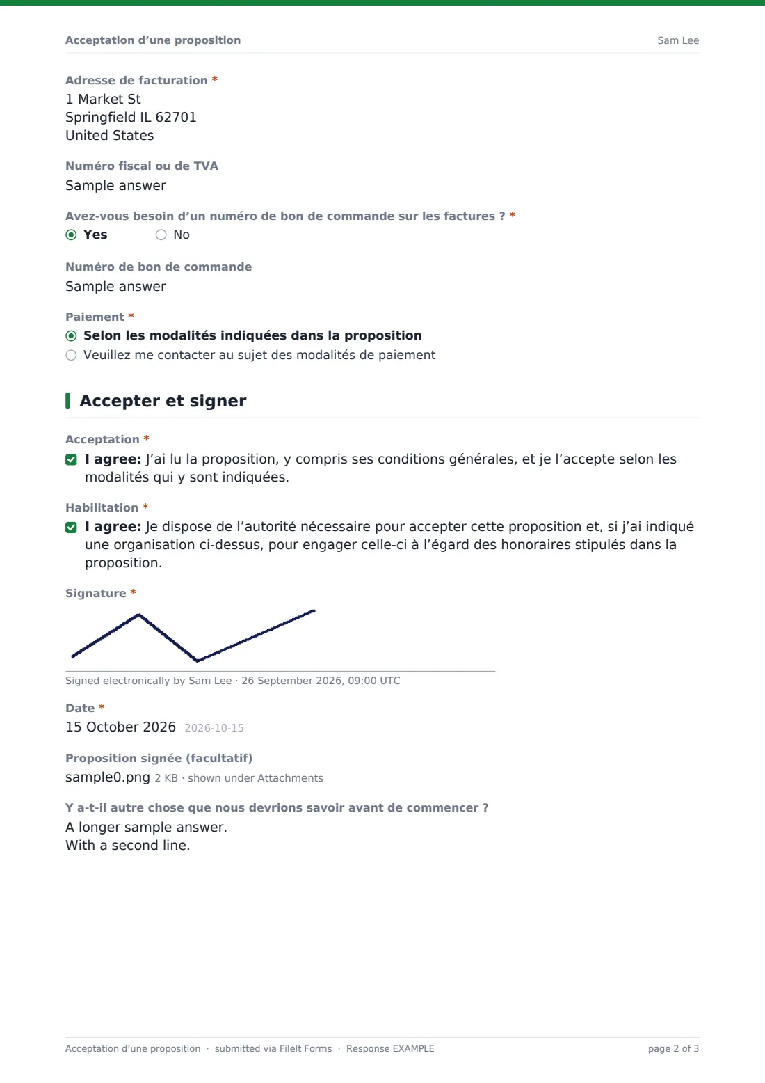 Acceptation d’une proposition — exemple de réponse au format PDF, page 2 sur 3