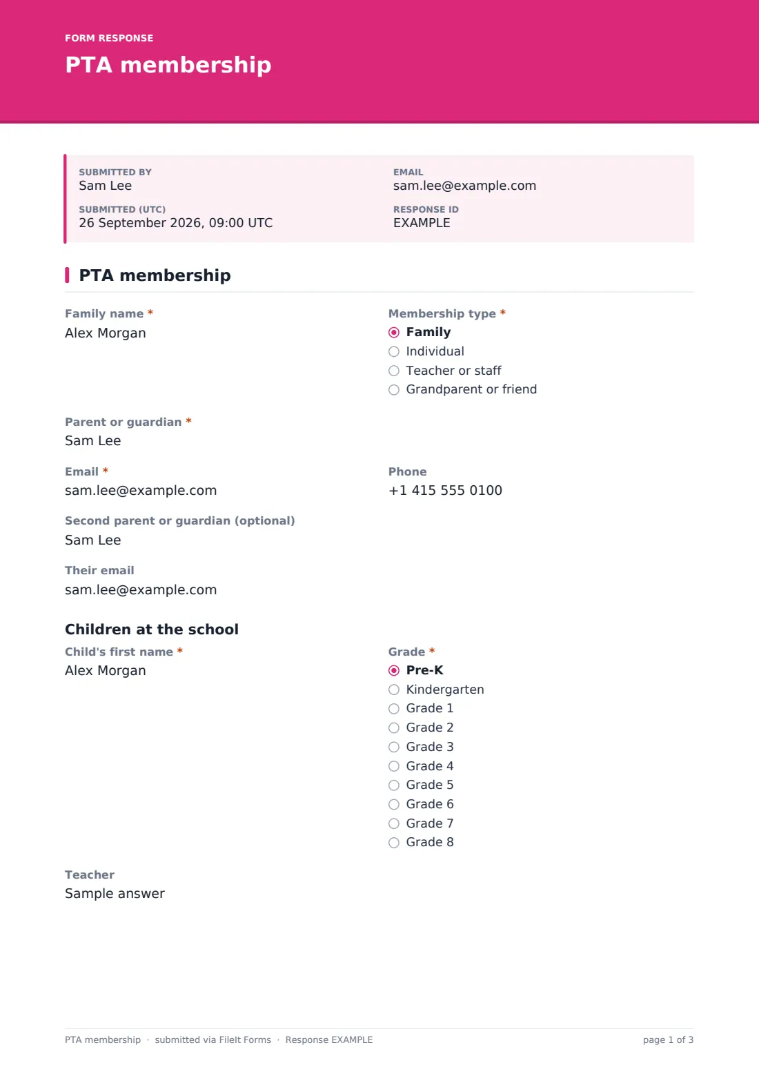 PTA membership — example response PDF, page 1 of 3